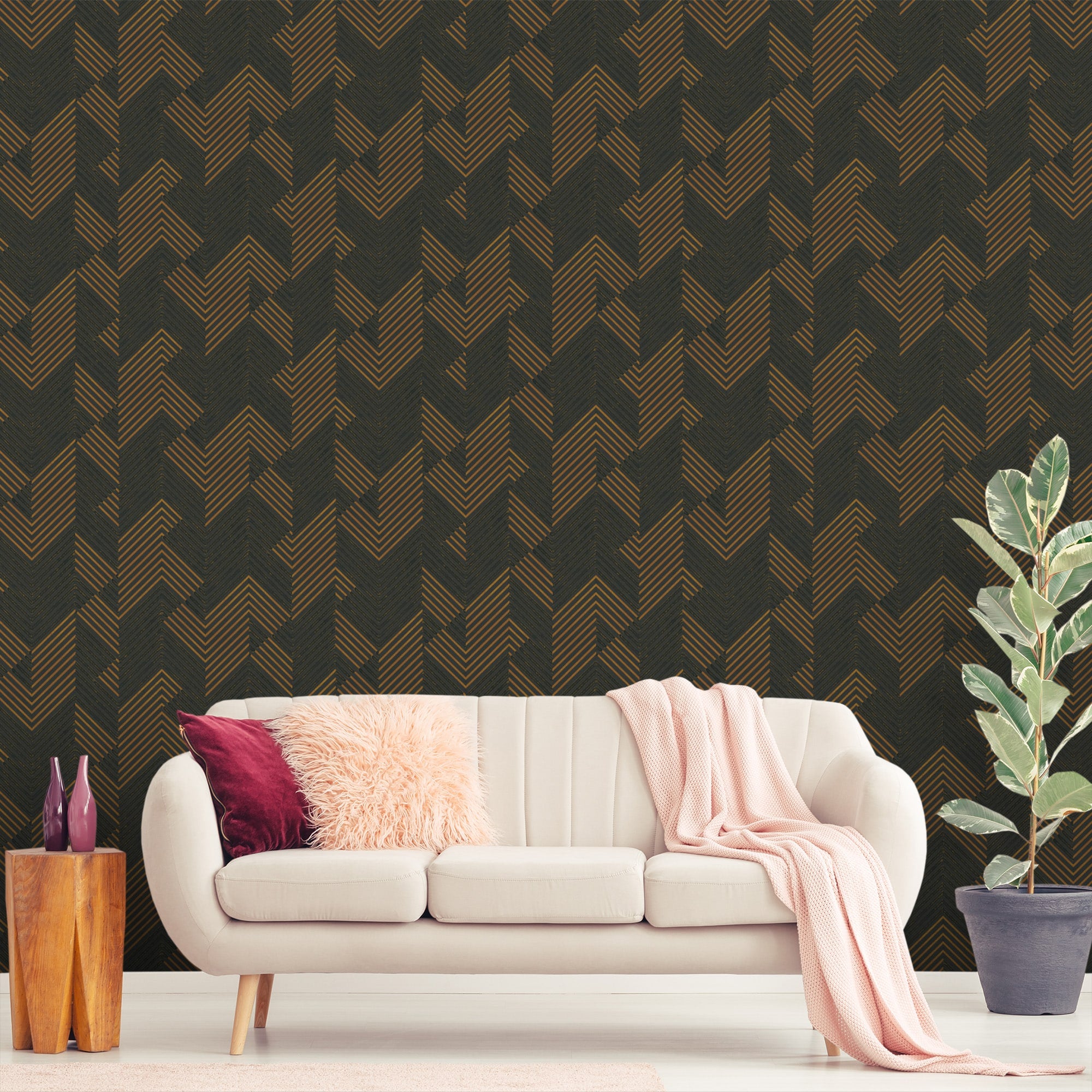 Textured Wallpaper Chevron in Gold|Grey