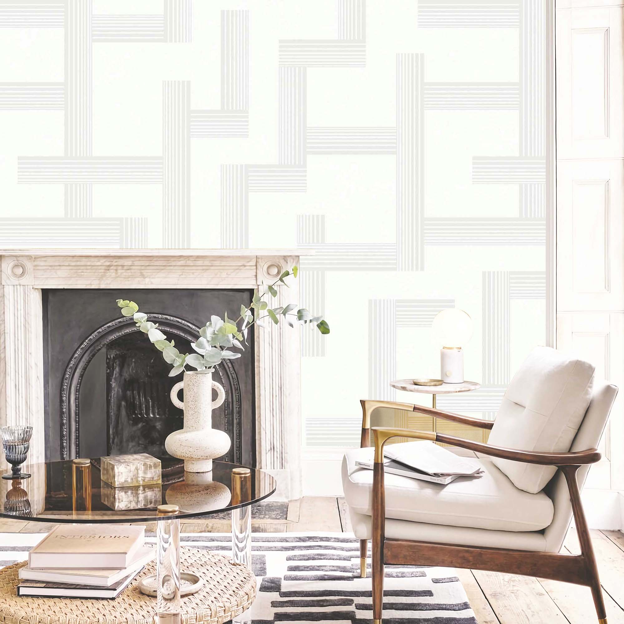 Textured Wallpaper Geometric in White|Silver
