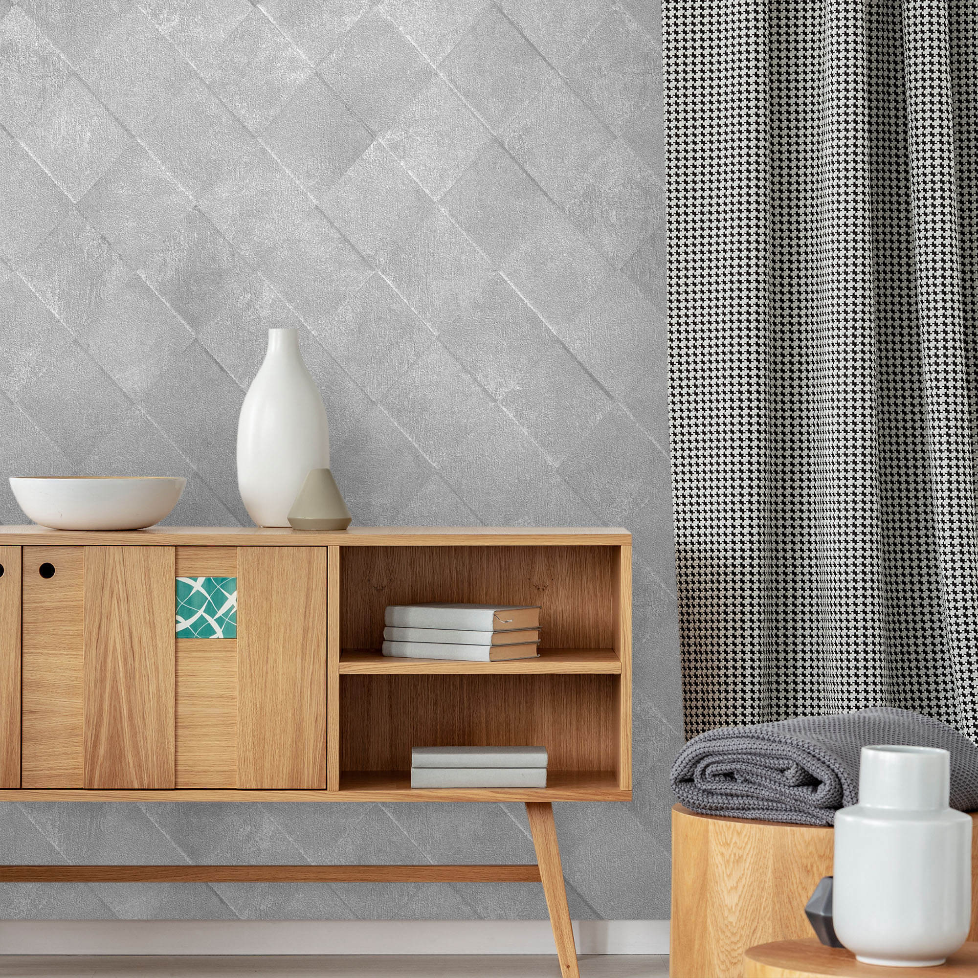 Textured Wallpaper Rhombus|Geometric|Distressed in Grey|Silver
