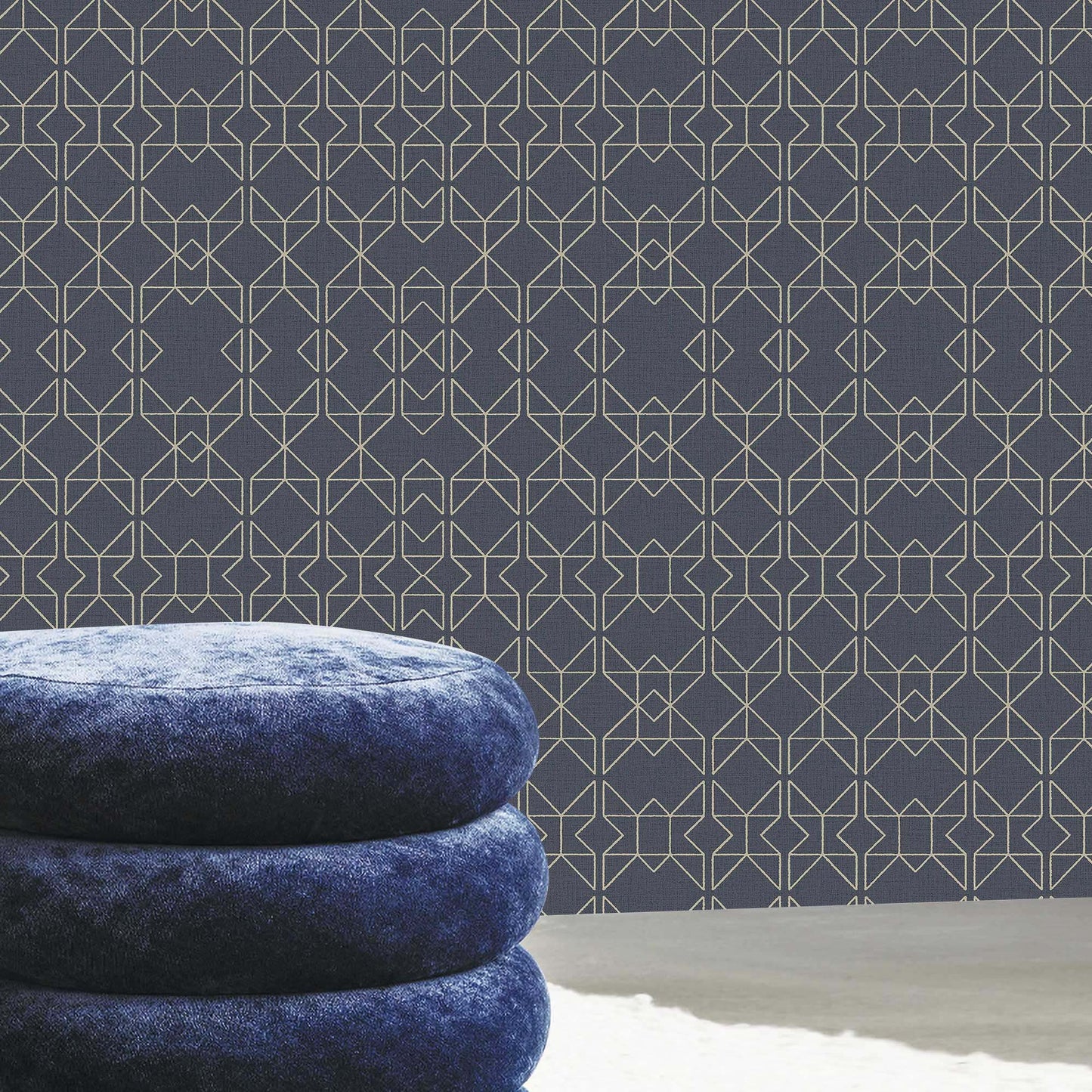 Textured Wallpaper Trellis|Geometric in Aegean|Blue|Gold