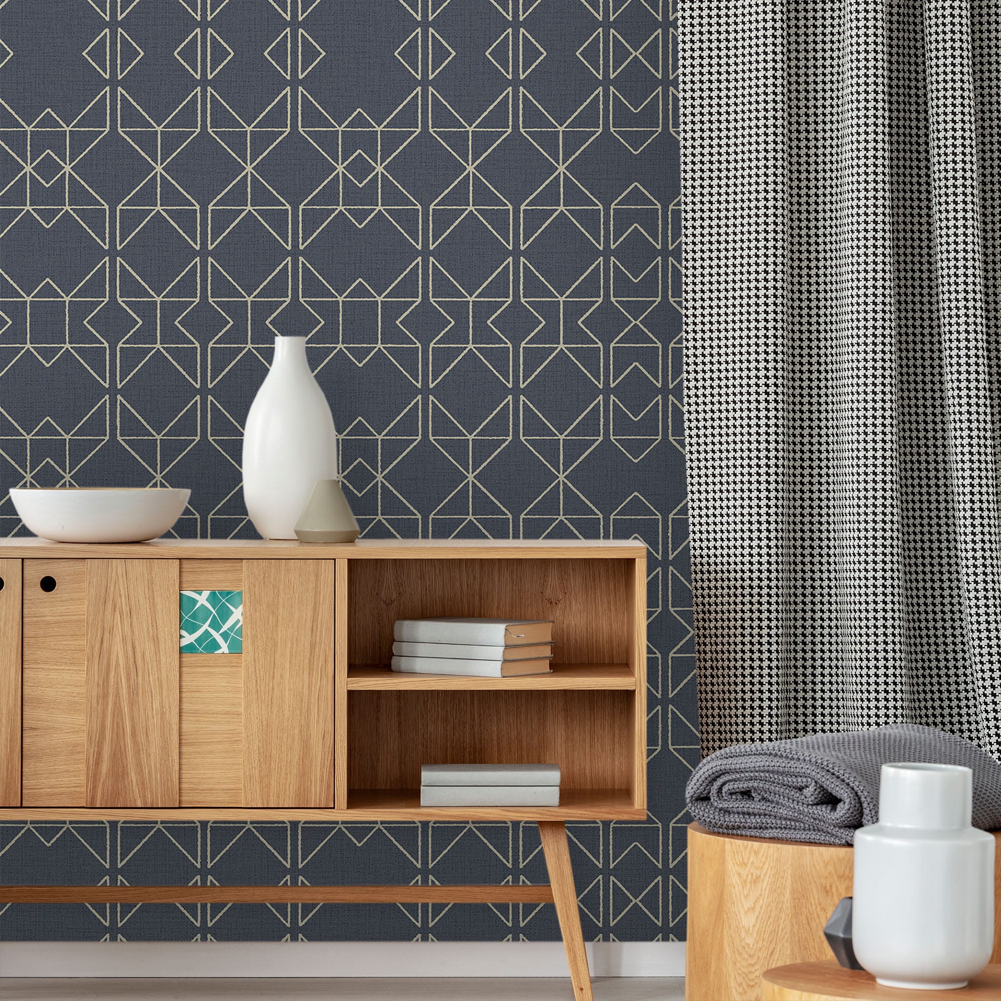 Textured Wallpaper Trellis|Geometric in Aegean|Blue|Gold
