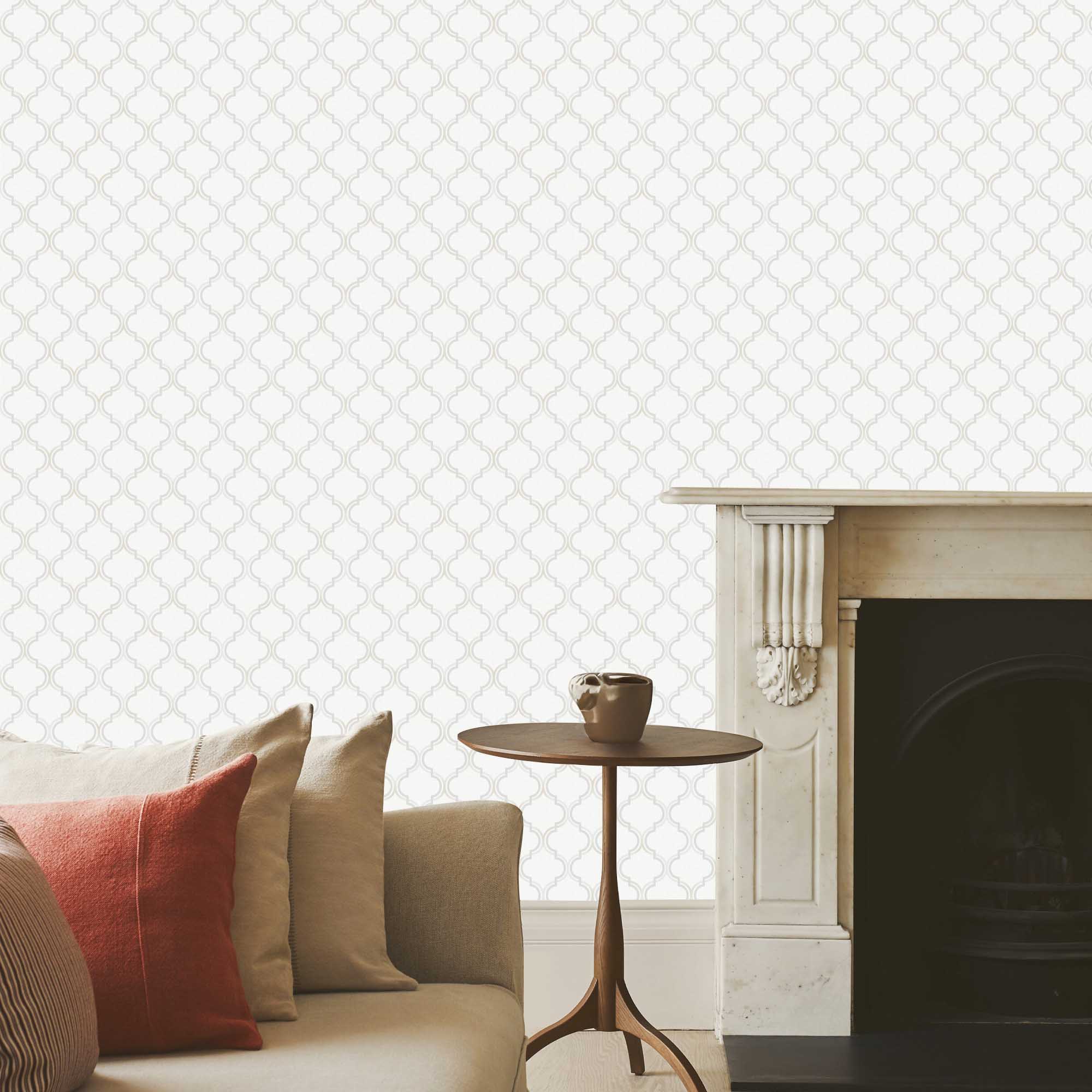 Textured Wallpaper Moroccan|Ogee|Traditional|Fabric in White