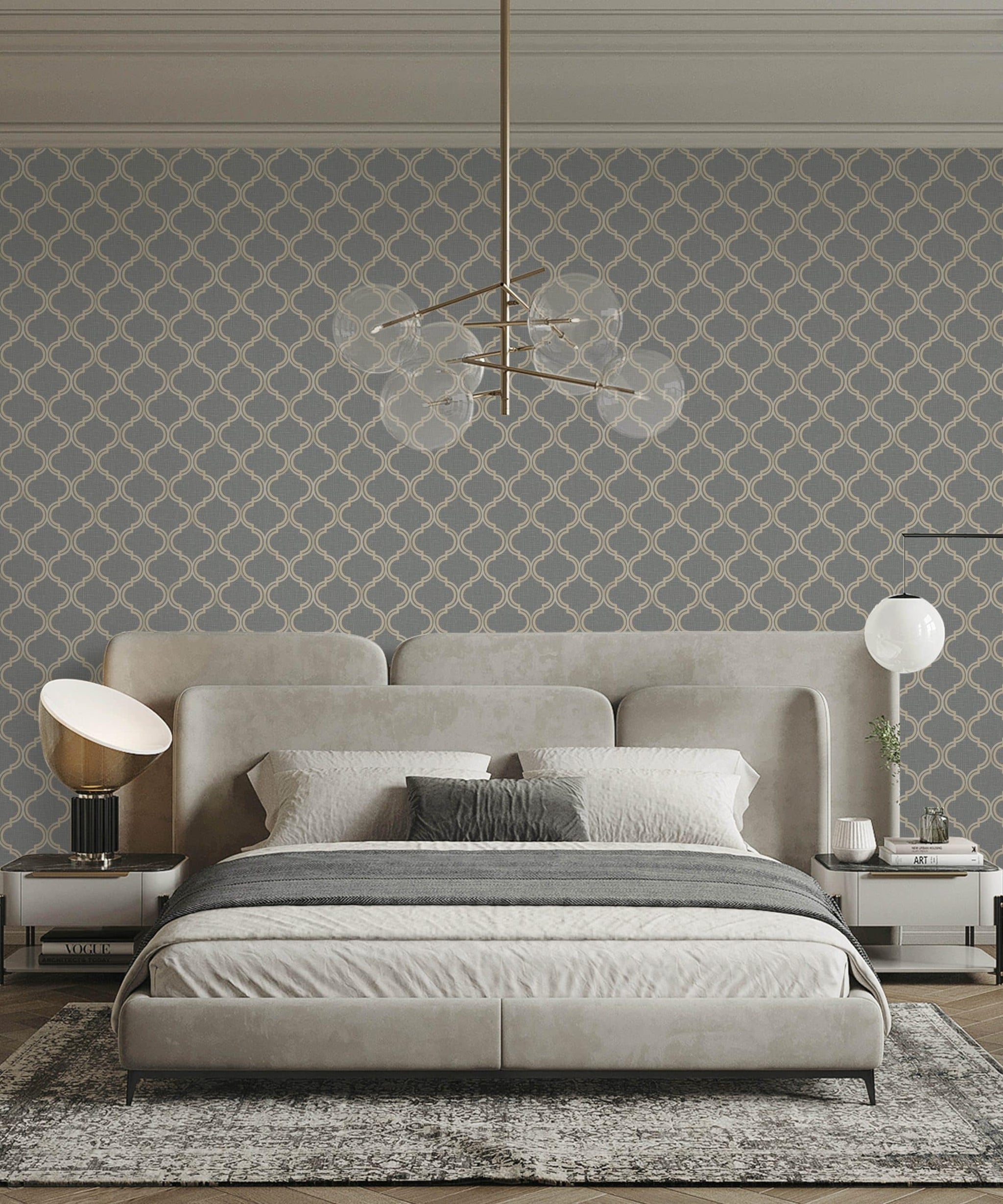 Textured Wallpaper Moroccan|Ogee|Traditional|Fabric in Black