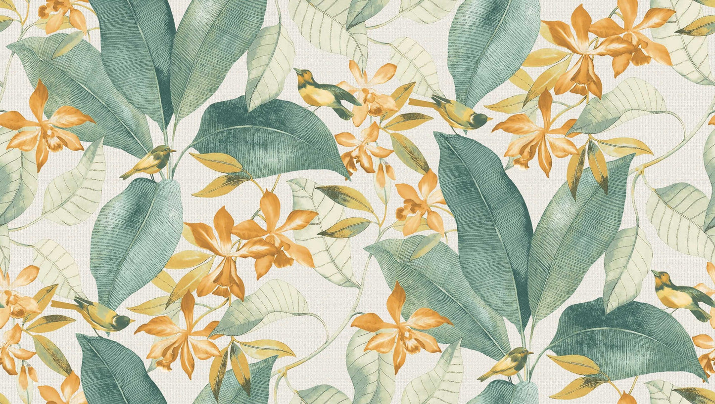 Textured Wallpaper Floral|Animals in Green|Gold