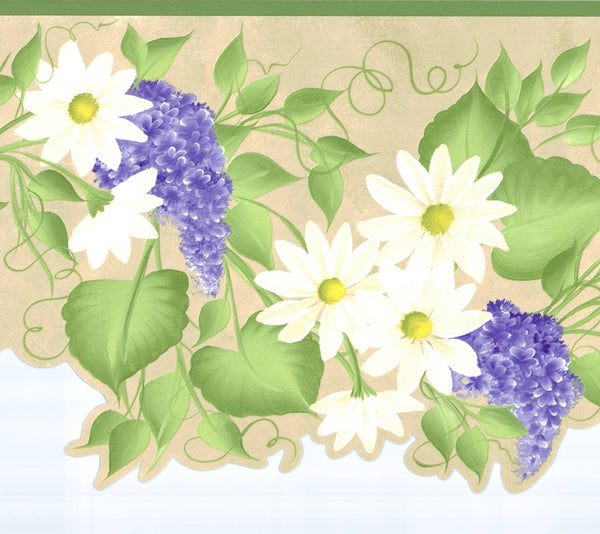 Prepasted Wallpaper Border - Floral White, Purple, Green, Beige Flowers on Vine Scalloped Wall Border Retro Design, 15 ft x 10 in (4.57m x 25.4cm)