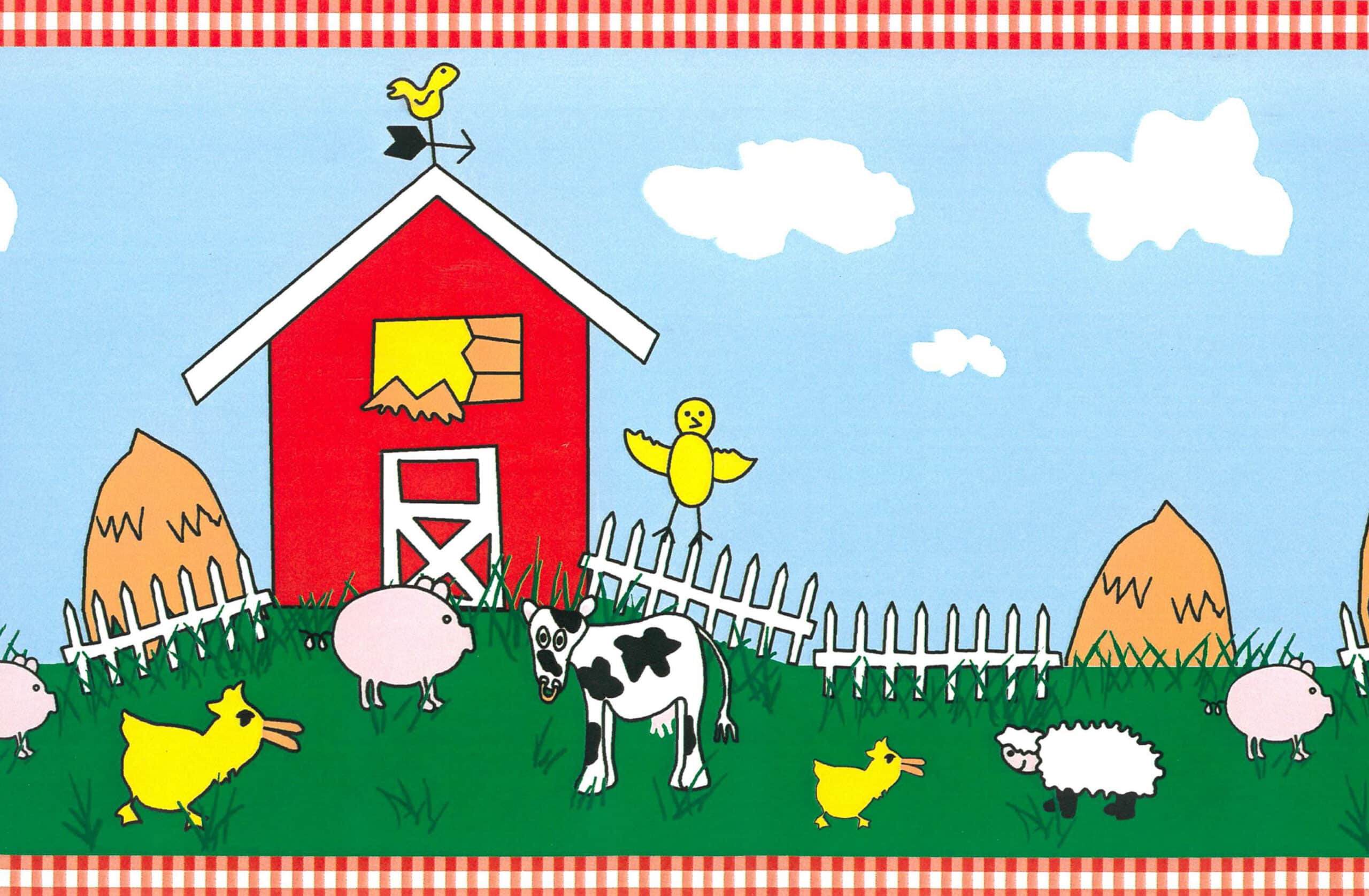 Prepasted Wallpaper Border - Kids Red, Green, Yellow, Blue Animals Farm ...