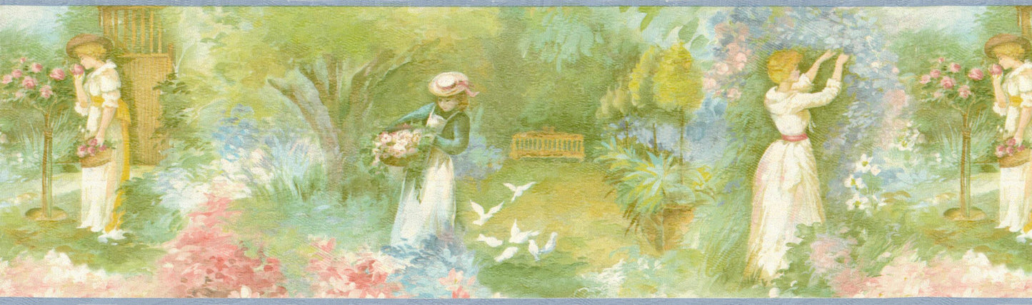 Prepasted Wallpaper Border - Nature Green, Yellow, Pink, Blue Ladies in Garden Wall Border Retro Design, 15 ft x 7 in (4.57m x 17.78cm)