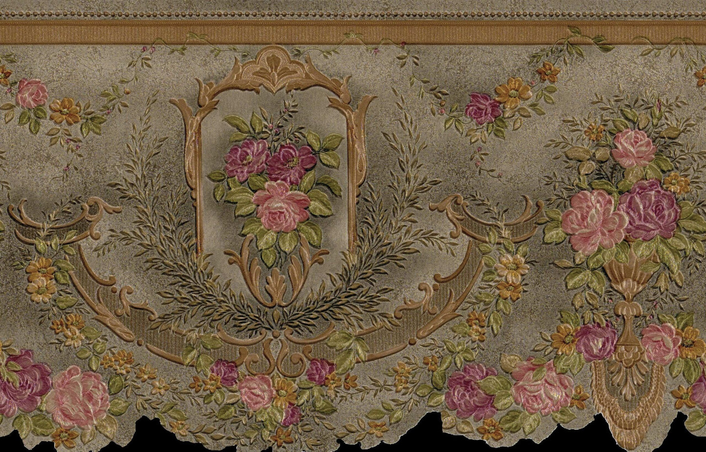 Prepasted Wallpaper Border - Victorian Pink, Green, Gold,  Flowers on Vine Scalloped Wall Border Retro Design, 15 ft x 6.75 in (4.57m x 17.15cm)
