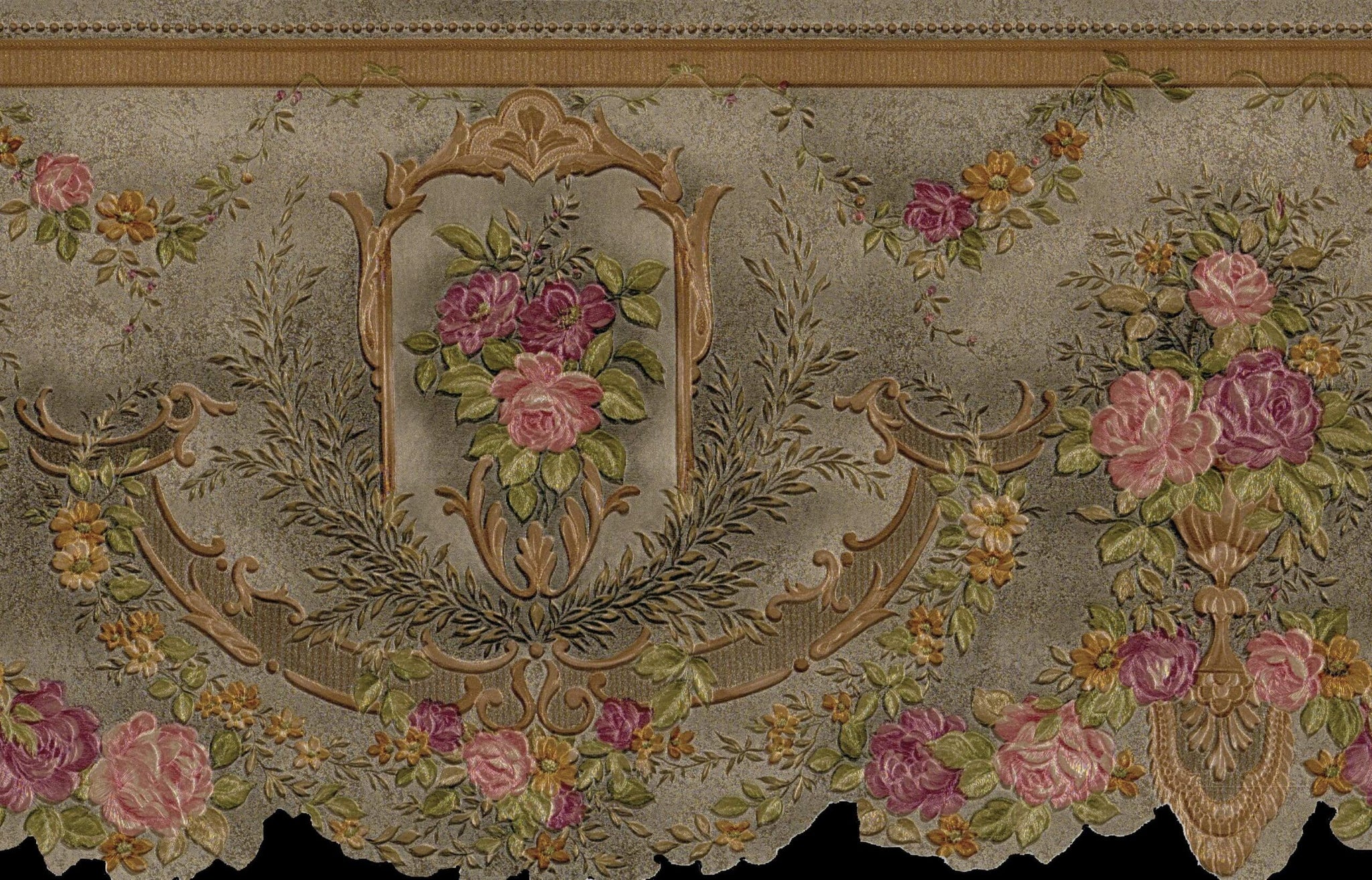 Prepasted Wallpaper Border - Victorian Pink, Green, Gold,  Flowers on Vine Scalloped Wall Border Retro Design, 15 ft x 6.75 in (4.57m x 17.15cm)
