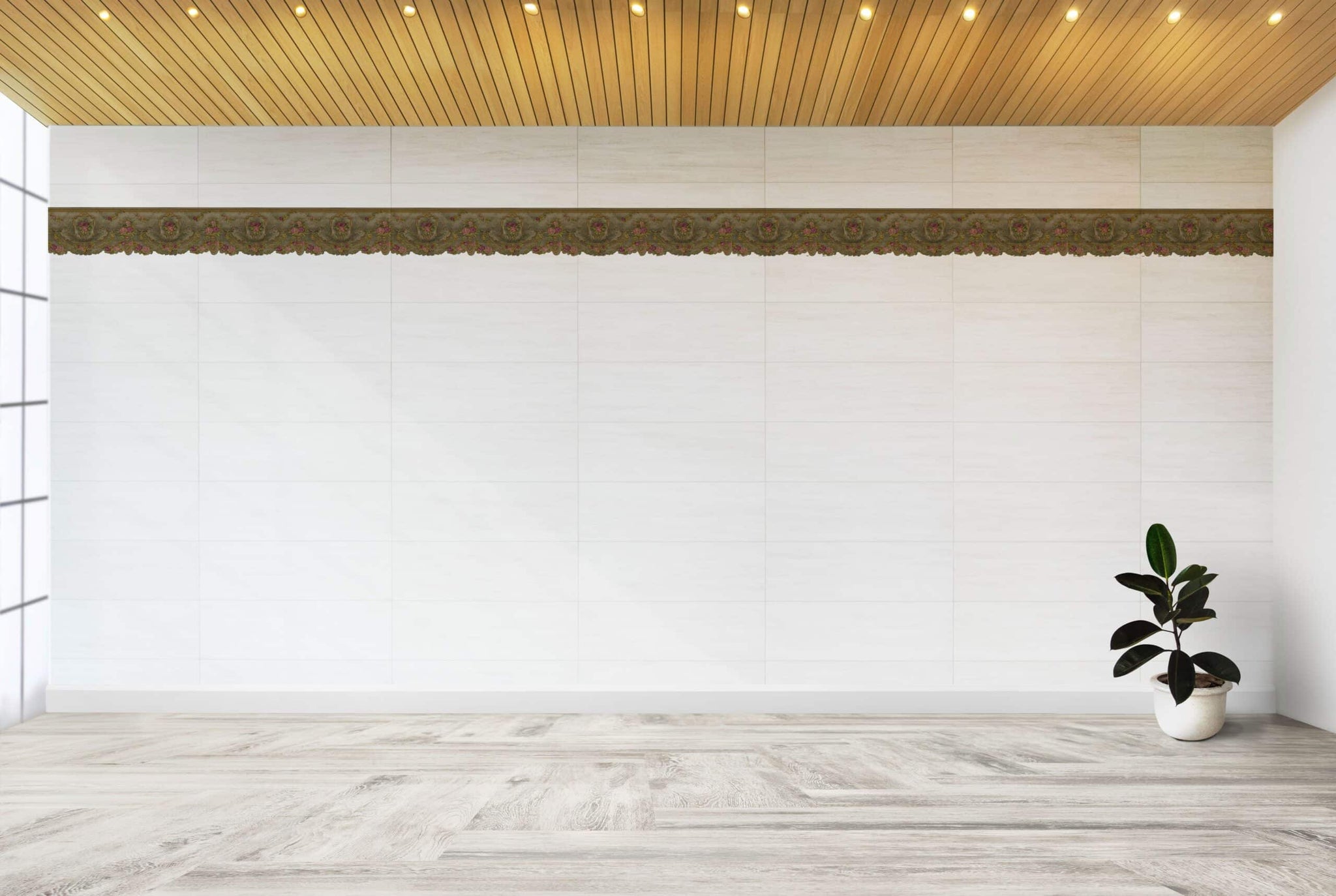 Prepasted Wallpaper Border - Victorian Pink, Green, Gold,  Flowers on Vine Scalloped Wall Border Retro Design, 15 ft x 6.75 in (4.57m x 17.15cm)