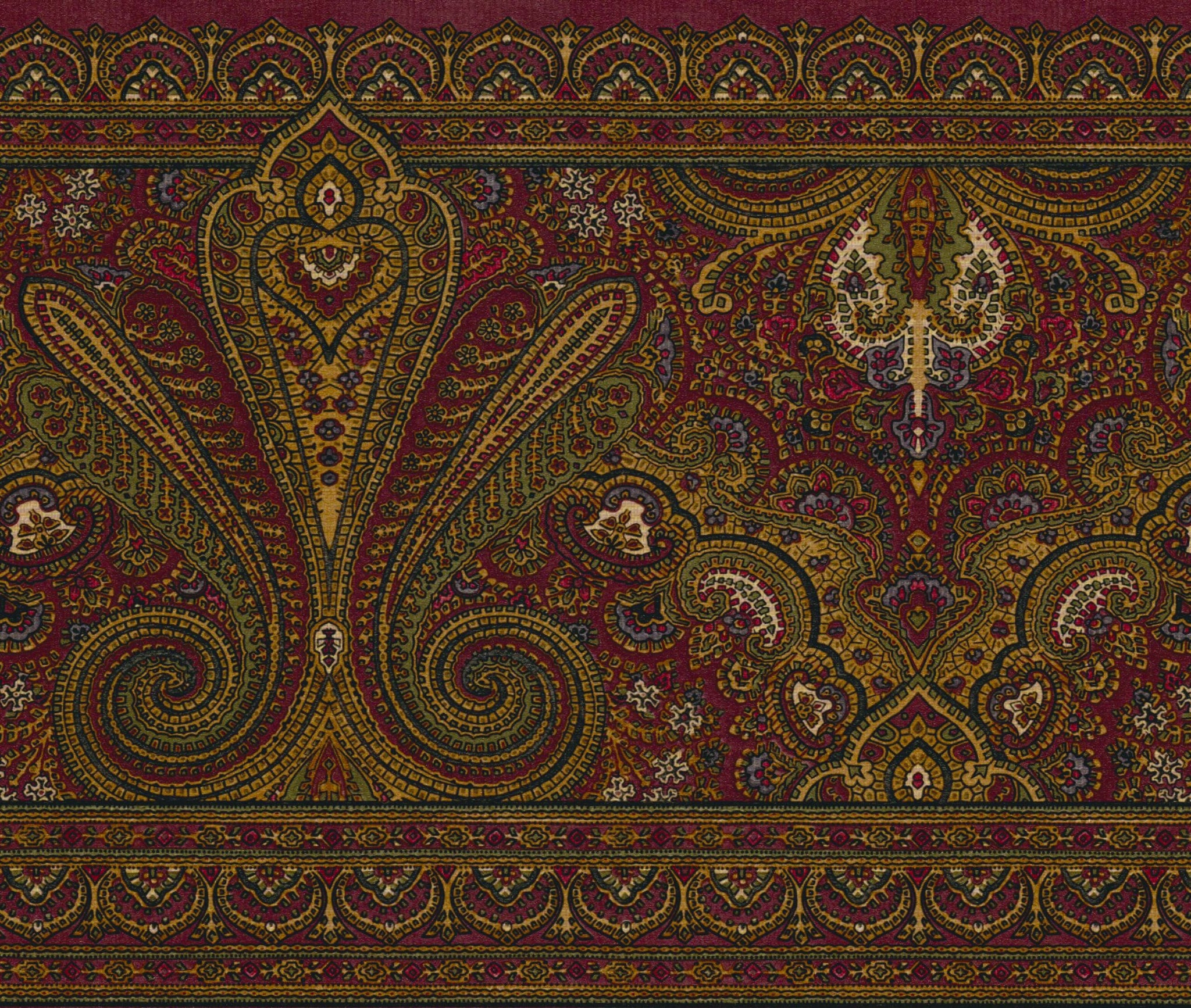 Prepasted Wallpaper Border - Abstract Brown, Green, Burgundy Paisley Wall Border Retro Design, 15 ft x 9 in (4.57m x 22.86cm)