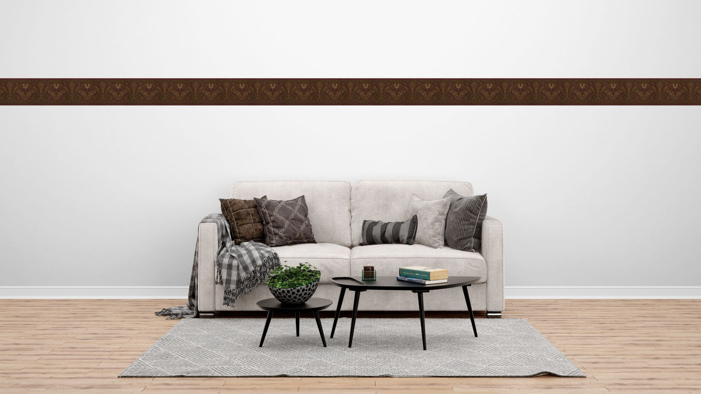 Prepasted Wallpaper Border - Abstract Brown, Green, Burgundy Paisley Wall Border Retro Design, 15 ft x 9 in (4.57m x 22.86cm)