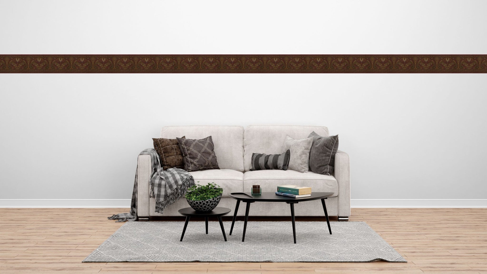 Prepasted Wallpaper Border - Abstract Brown, Green, Burgundy Paisley Wall Border Retro Design, 15 ft x 9 in (4.57m x 22.86cm)