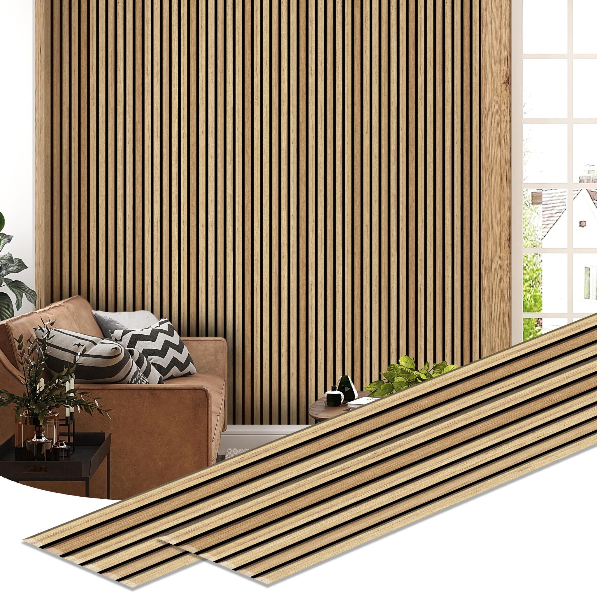 Dundee Deco Slat Wall Panels - Faux Wood Styrofoam Wall Paneling for Interior and Exterior Walls - Extra Long Fluted Acoustic Wall Panels,  Modern Wood Slats for Accent Walls - Caramel, 106 in x 10 in, Pack of 3, Total Coverage 22 sq ft