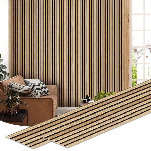 Dundee Deco Slat Wall Panels - Faux Wood Styrofoam Wall Paneling for Interior and Exterior Walls - Extra Long Fluted Acoustic Wall Panels,  Modern Wood Slats for Accent Walls - Caramel, 106 in x 10 in, Pack of 3, Total Coverage 22 sq ft