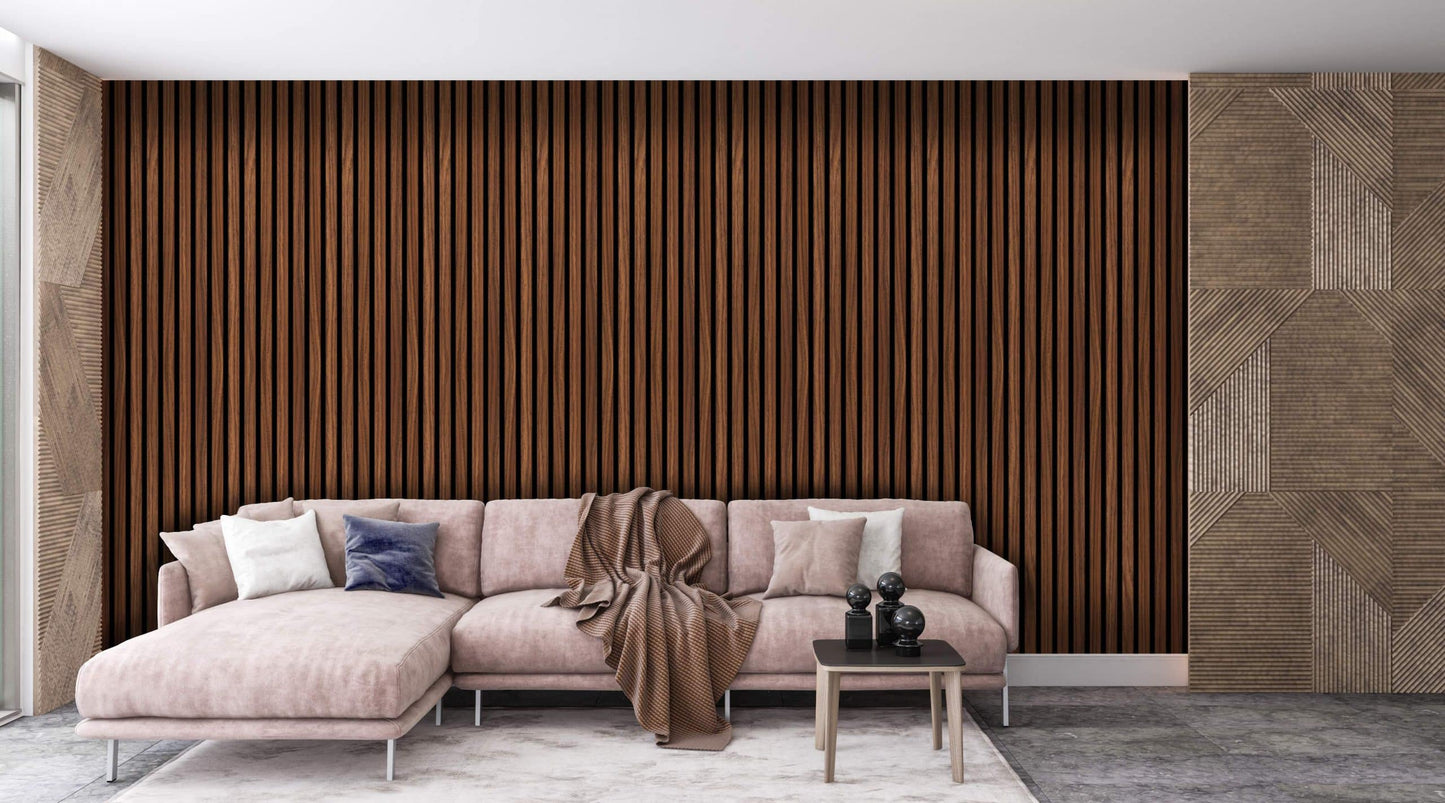 Dundee Deco Slat Wall Panels - Faux Wood Styrofoam Wall Paneling for Interior and Exterior Walls - Extra Long Fluted Acoustic Wall Panels,  Modern Wood Slats for Accent Walls - Auburn, 106 in x 10 in, Pack of 3, Total Coverage 22 sq ft