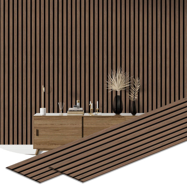 Dundee Deco Slat Wall Panels - Faux Wood Styrofoam Wall Paneling for Interior and Exterior Walls - Extra Long Fluted Acoustic Wall Panels,  Modern Wood Slats for Accent Walls - Walnut Brown, 106 in x 10 in, Pack of 3, Total Coverage 22 sq ft