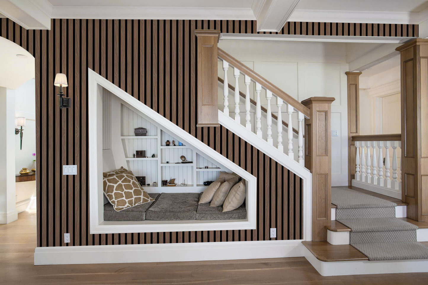 Dundee Deco Slat Wall Panels - Faux Wood Styrofoam Wall Paneling for Interior and Exterior Walls - Extra Long Fluted Acoustic Wall Panels,  Modern Wood Slats for Accent Walls - Walnut Brown, 106 in x 10 in, Pack of 3, Total Coverage 22 sq ft