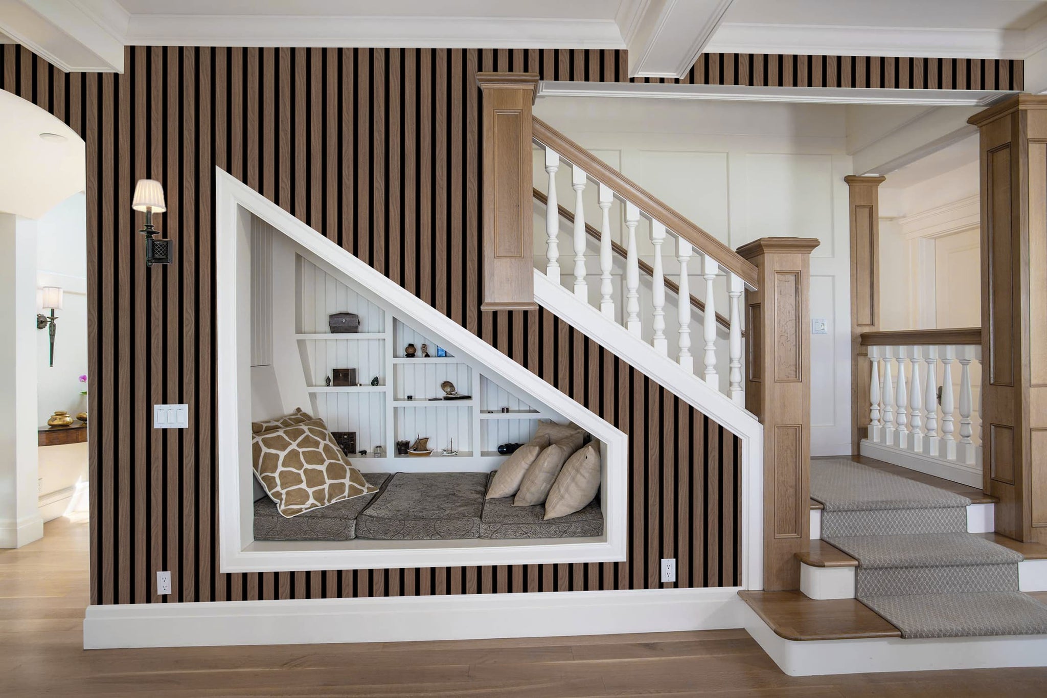 Dundee Deco Slat Wall Panels - Faux Wood Styrofoam Wall Paneling for Interior and Exterior Walls - Extra Long Fluted Acoustic Wall Panels,  Modern Wood Slats for Accent Walls - Walnut Brown, 106 in x 10 in, Pack of 3, Total Coverage 22 sq ft