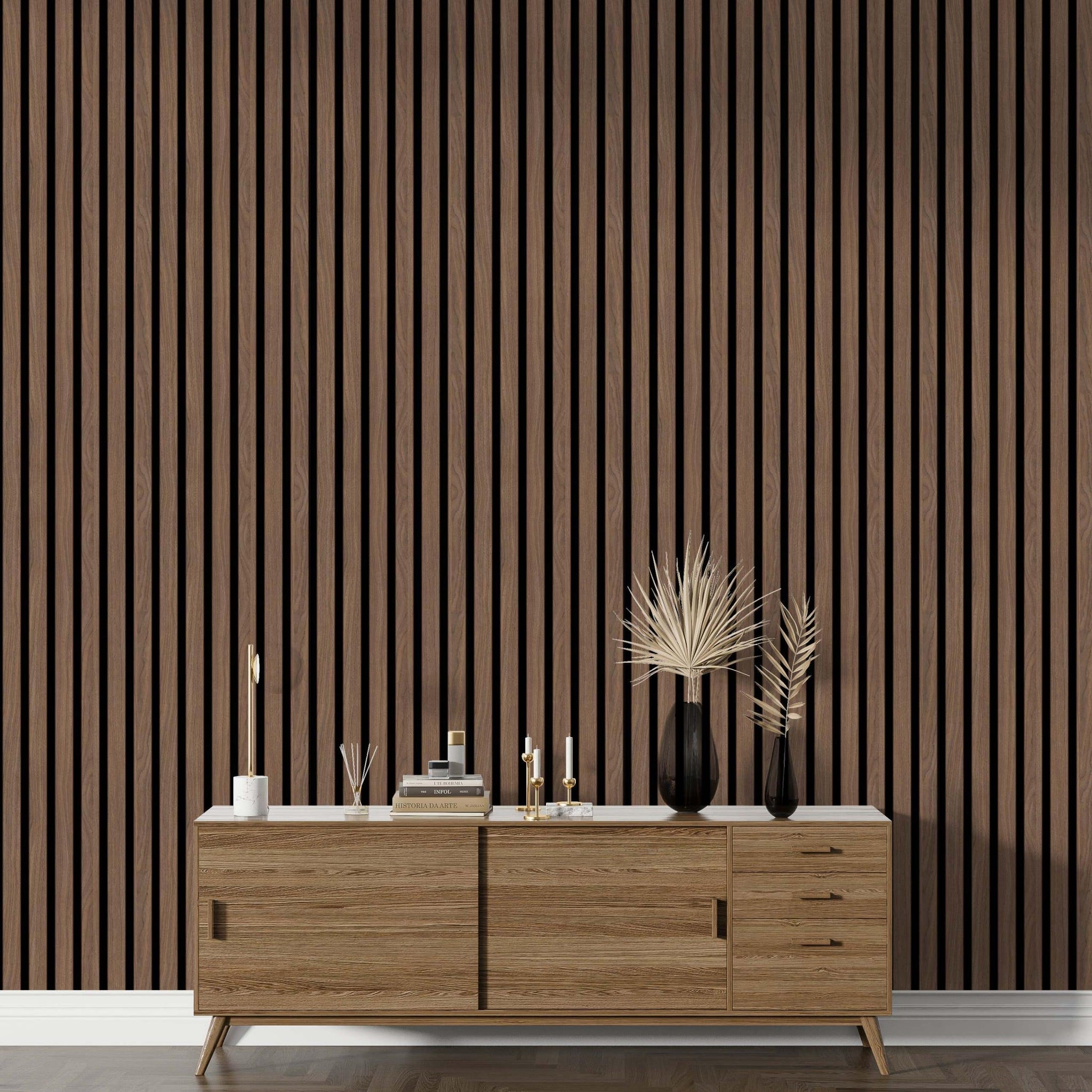 Dundee Deco Slat Wall Panels - Faux Wood Styrofoam Wall Paneling for Interior and Exterior Walls - Extra Long Fluted Acoustic Wall Panels,  Modern Wood Slats for Accent Walls - Walnut Brown, 106 in x 10 in, Pack of 3, Total Coverage 22 sq ft