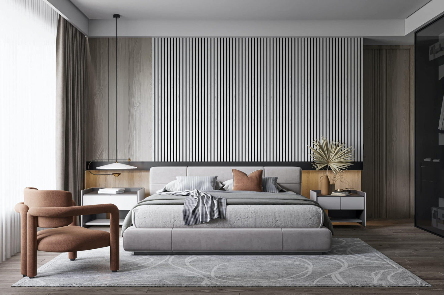 Dundee Deco Slat Wall Panels - Faux Wood Styrofoam Wall Paneling for Interior and Exterior Walls - Extra Long Fluted Acoustic Wall Panels,  Modern Wood Slats for Accent Walls - Grey White, 106 in x 10 in, Pack of 3, Total Coverage 22 sq ft