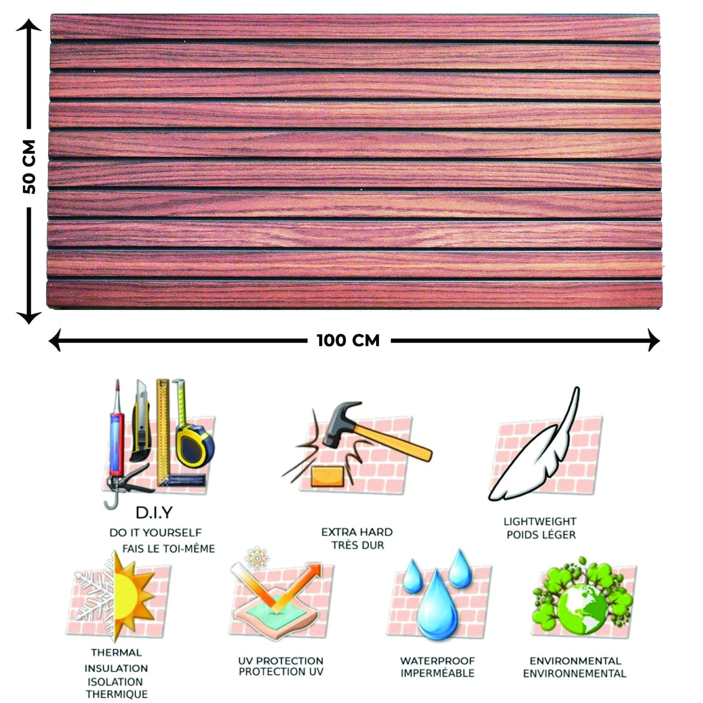 Dundee Deco 3D Wall Panels Wooden Effect - Cladding, Auburn Wood Look Wall Paneling, Styrofoam Facing for Interior and Exterior Applications, DIY, Set of 10, Covers 54 sq ft
