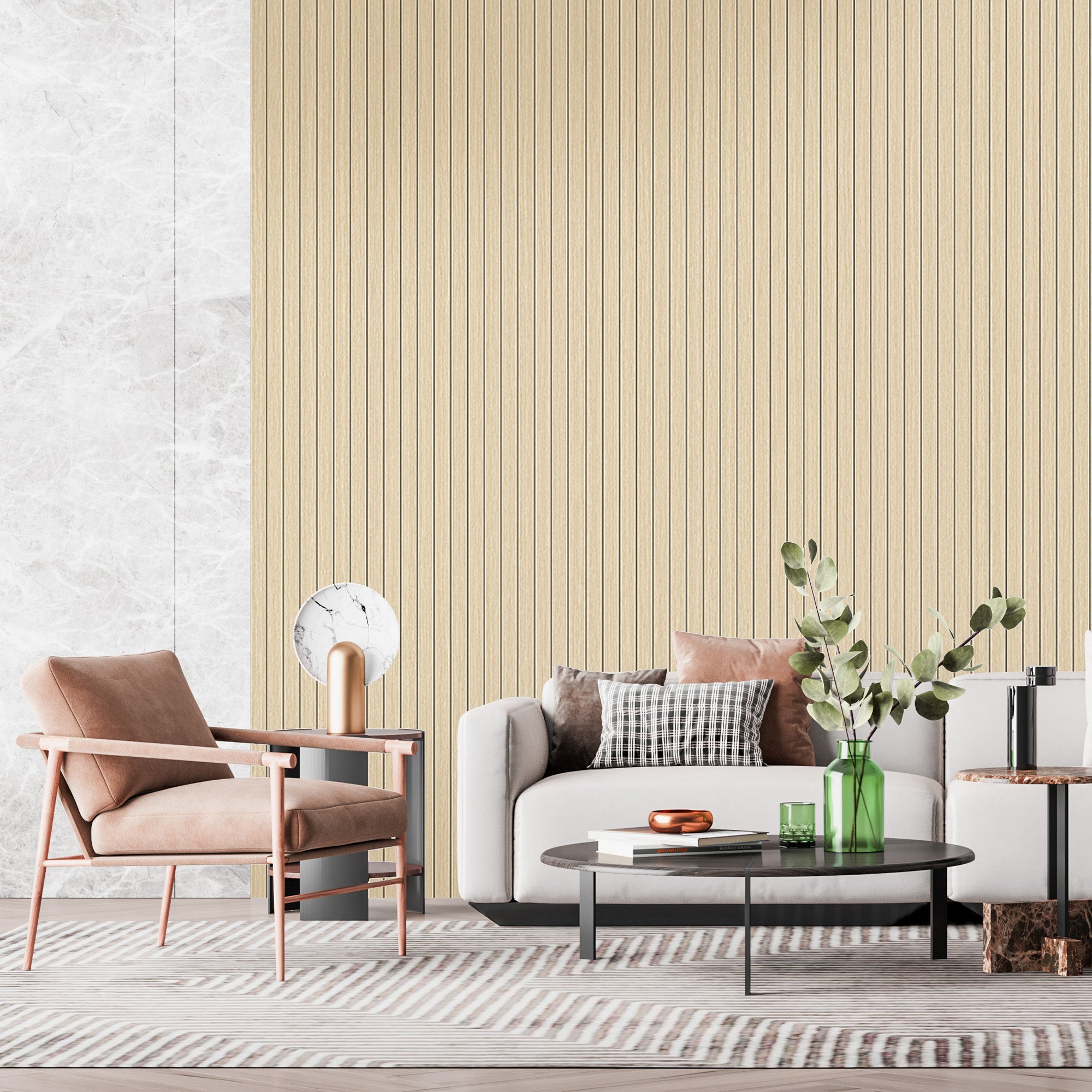 Peel & Stick Slat Textured Wallpaper Roll - Wood Grain Foam Decorative Wall Finishing - Beige