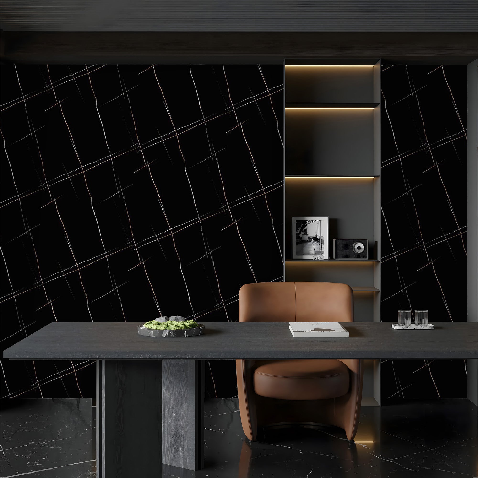 Peel & Stick Marble Wallpaper Roll - Self-Adhesive Glossy Waterproof Foam Decorative Wall Finishing - Black, White Stripes