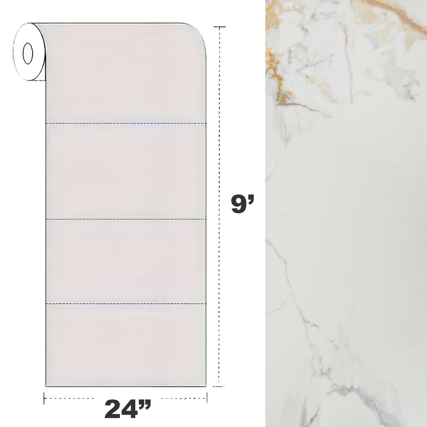 Peel & Stick Marble Wallpaper Roll - Self-Adhesive Glossy Waterproof Foam Decorative Wall Finishing - White, Grey Gold Veins