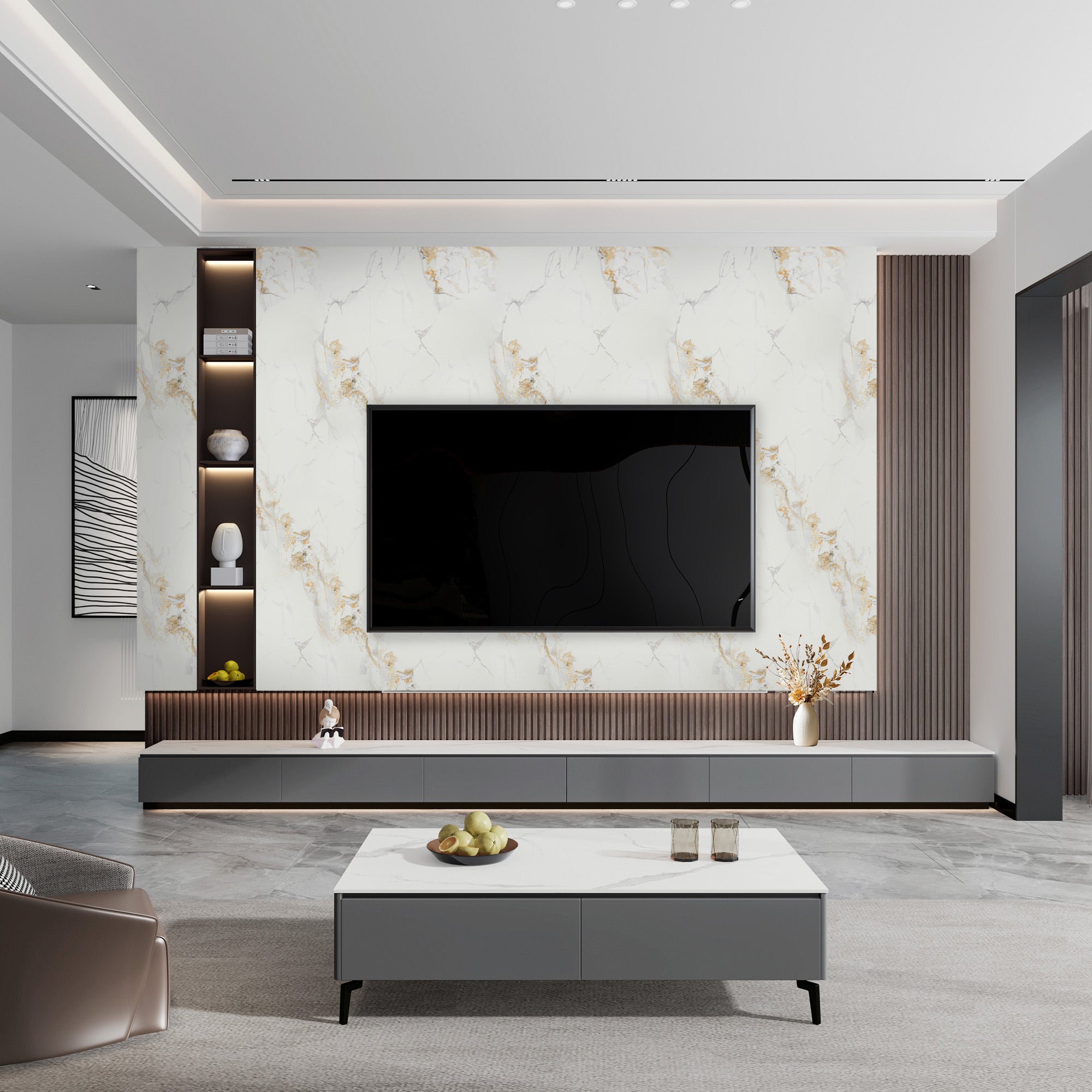 Peel & Stick Marble Wallpaper Roll - Self-Adhesive Glossy Waterproof Foam Decorative Wall Finishing - White, Grey Gold Veins