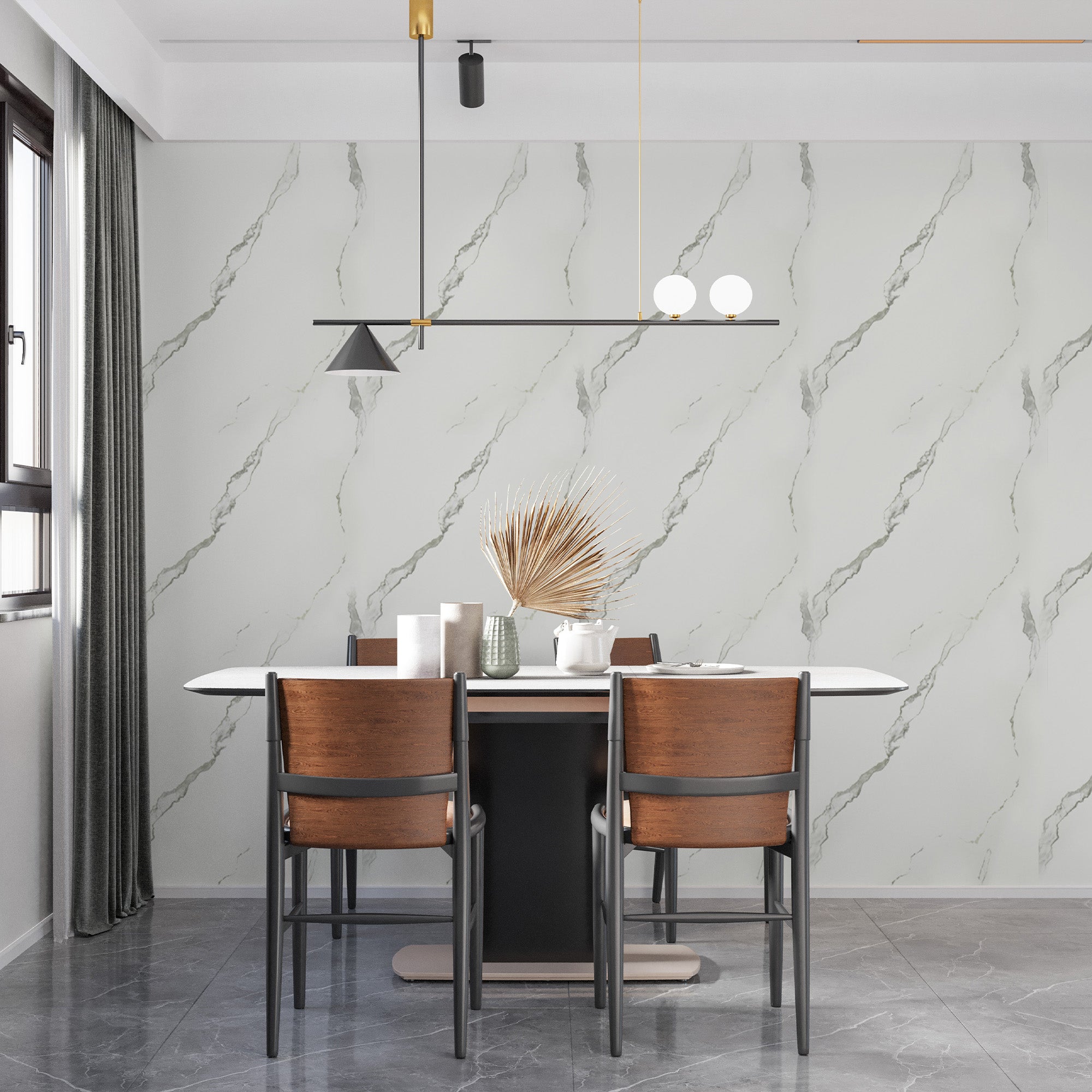 Peel & Stick Marble Wallpaper Roll - Self-Adhesive Glossy Waterproof Foam Decorative Wall Finishing - White, Dark Grey Veins