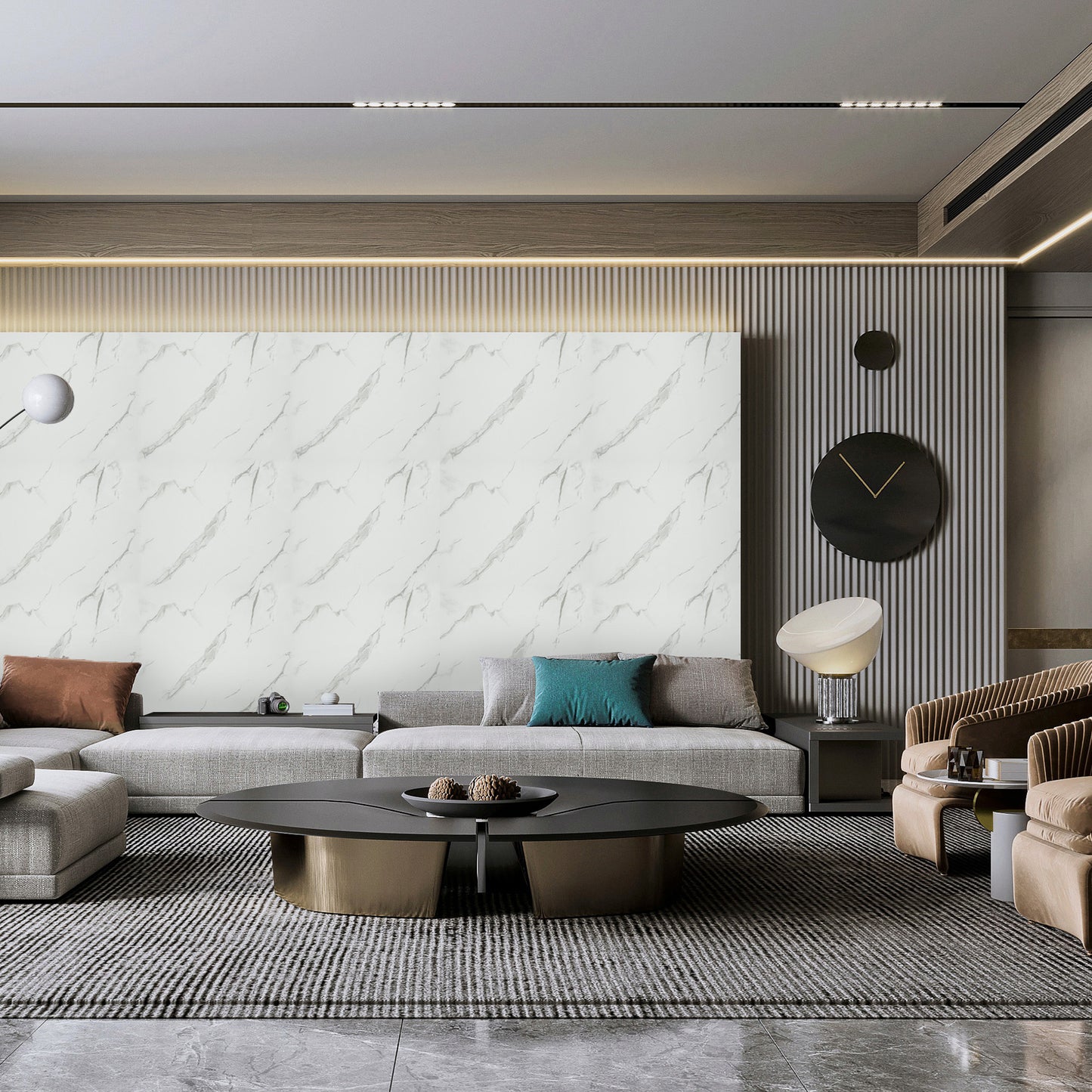 Peel & Stick Marble Wallpaper Roll - Self-Adhesive Glossy Waterproof Foam Decorative Wall Finishing - White, Light Grey Veins