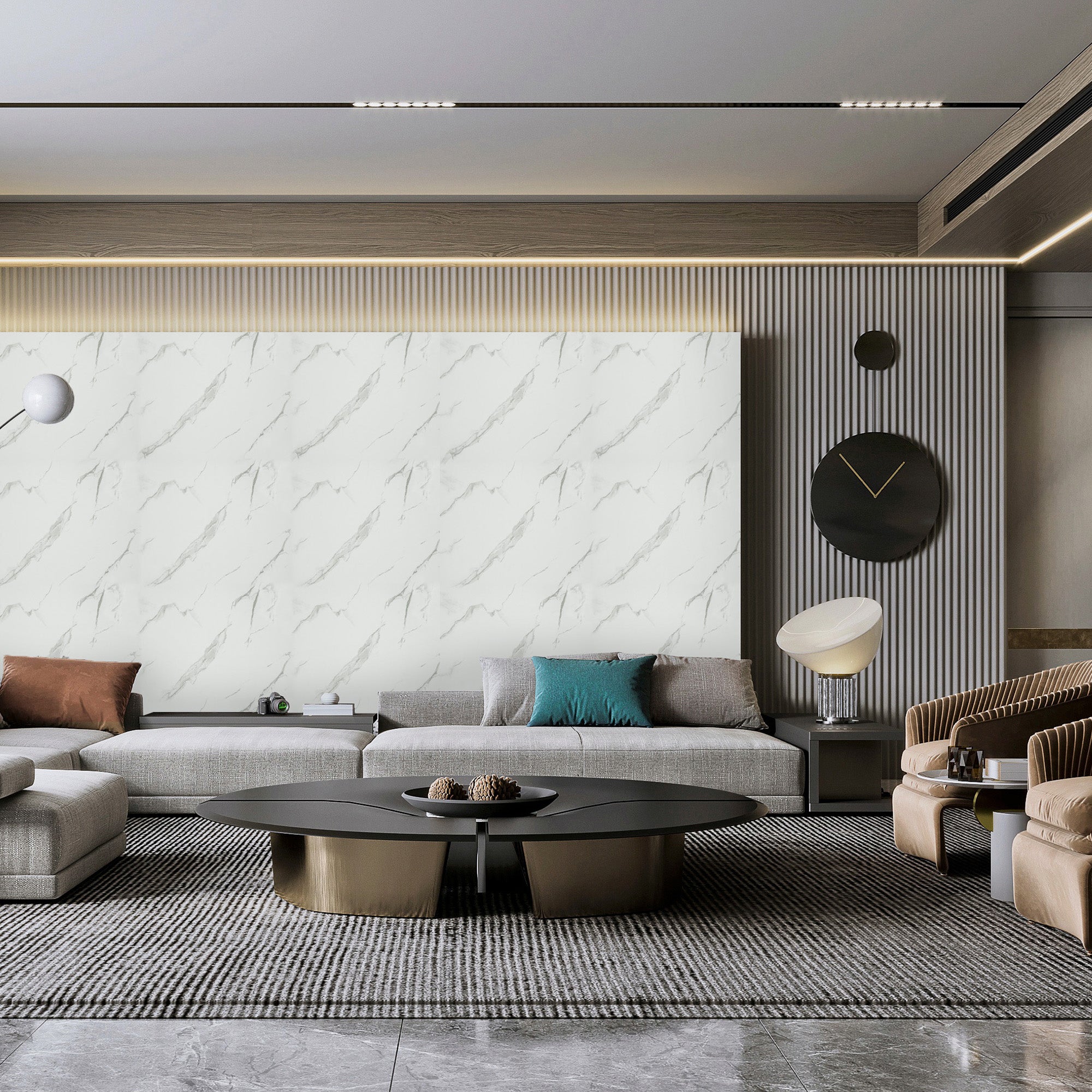 Peel & Stick Marble Wallpaper Roll - Self-Adhesive Glossy Waterproof Foam Decorative Wall Finishing - White, Light Grey Veins