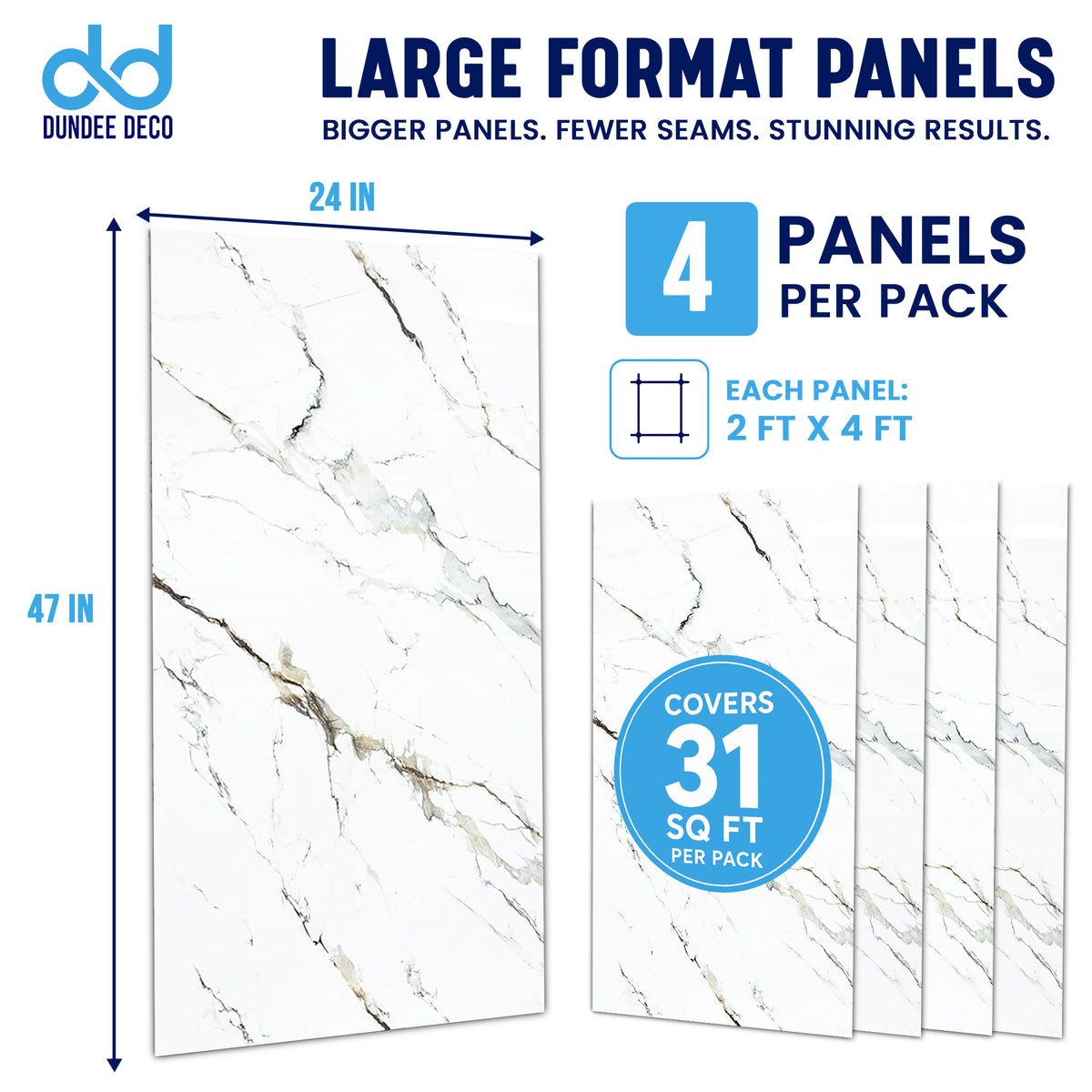Faux Marble Wall Panels - 2 ft X 4 ft - Glossy, Waterproof Indoor Wall Cladding - White, Grey, Tan Veins