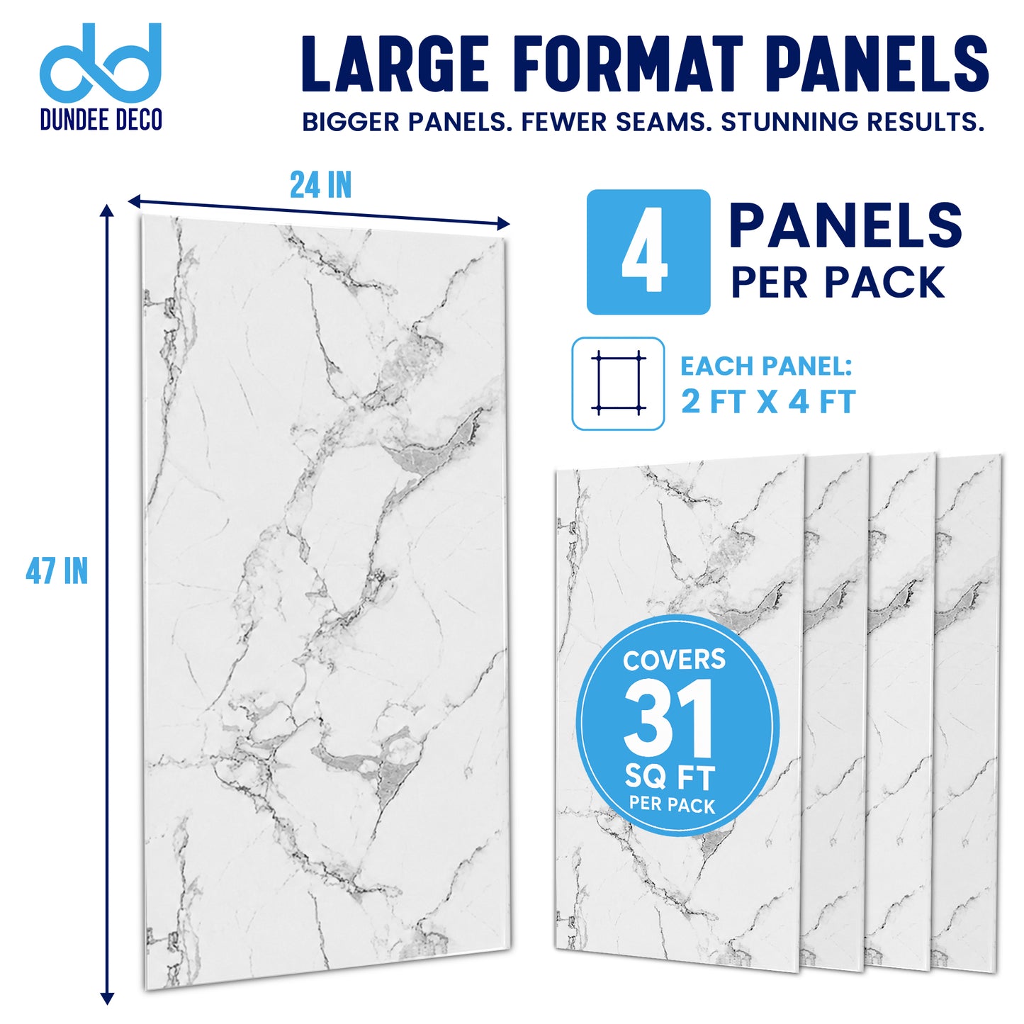Faux Marble Wall Panels - 2 ft X 4 ft - Glossy, Waterproof Indoor Wall Cladding - White, Grey, Black Veins