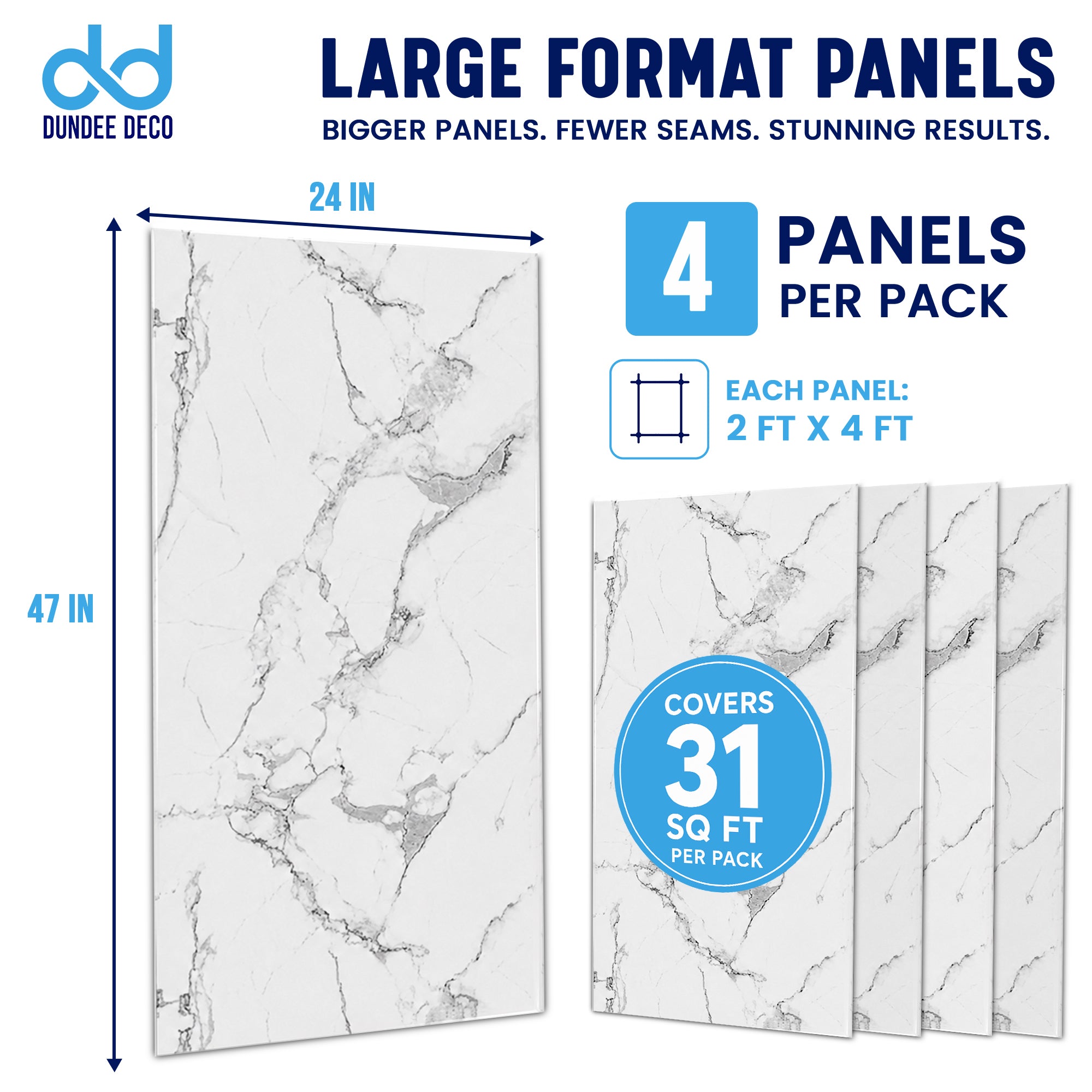 Faux Marble Wall Panels - 2 ft X 4 ft - Glossy, Waterproof Indoor Wall Cladding - White, Grey, Black Veins