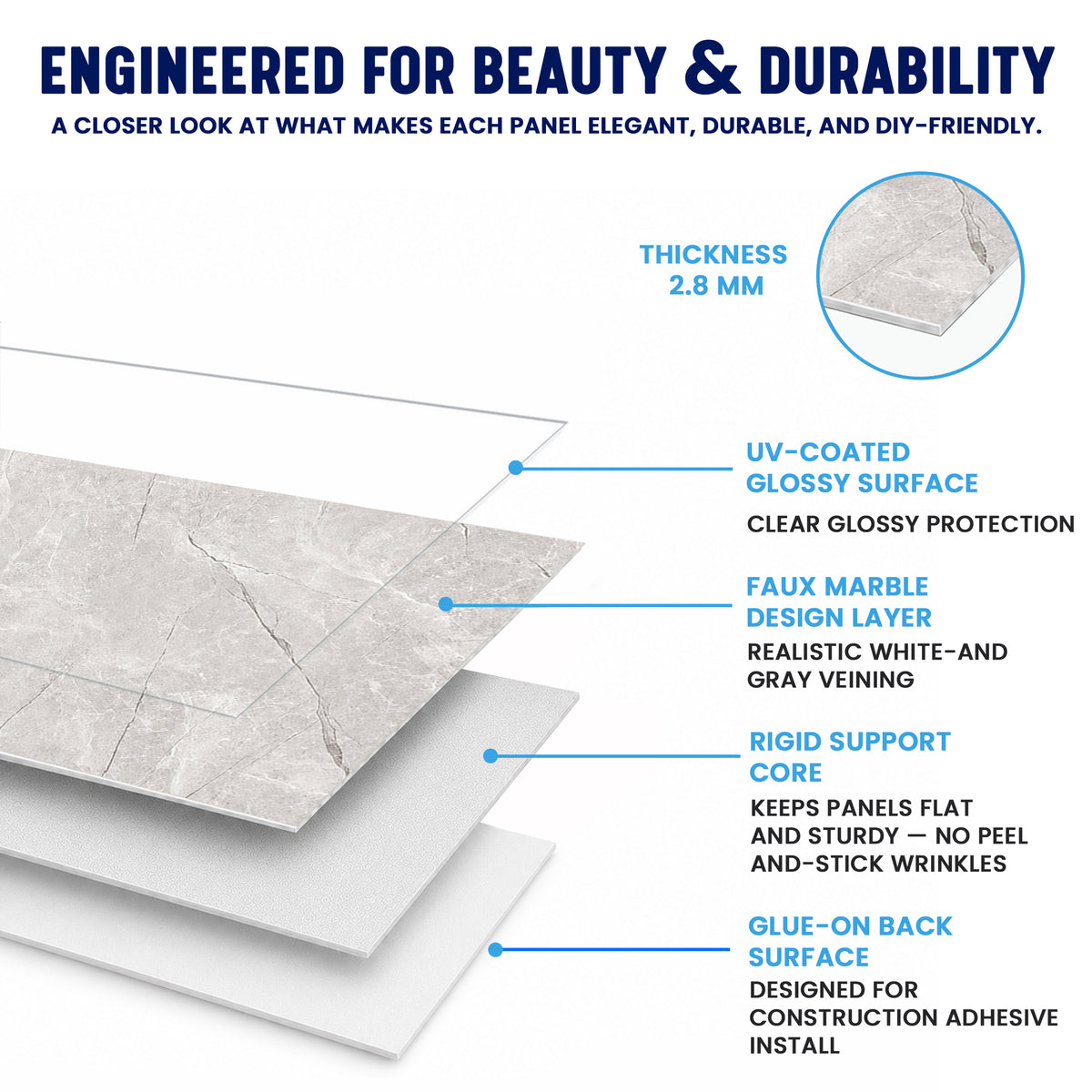 Faux Marble Wall Panels - 2 ft X 4 ft - Glossy, Waterproof Indoor Wall Cladding - Tan, Grey Veins
