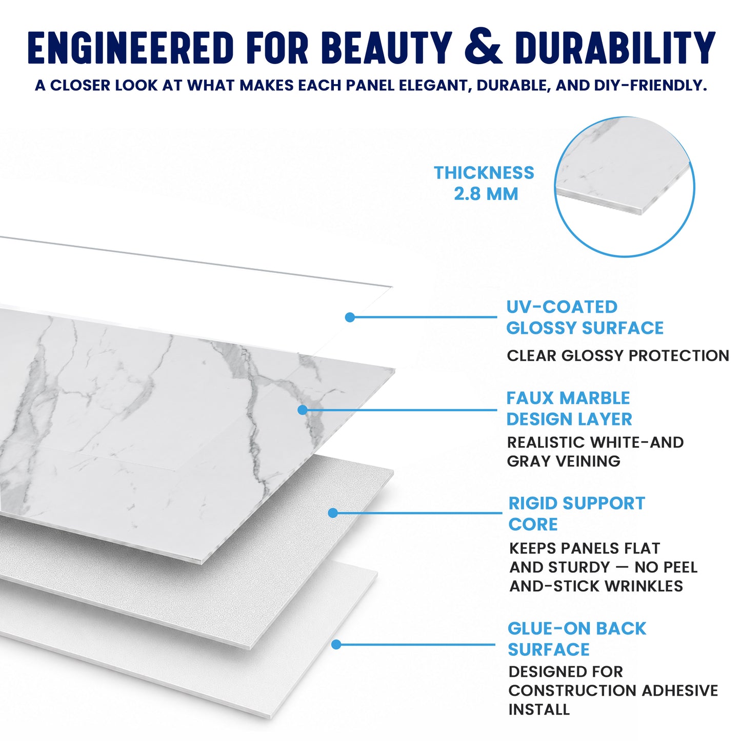 Faux Marble Wall Panels - 2 ft X 4 ft - Glossy, Waterproof Indoor Wall Cladding - Off-White, Grey Veins