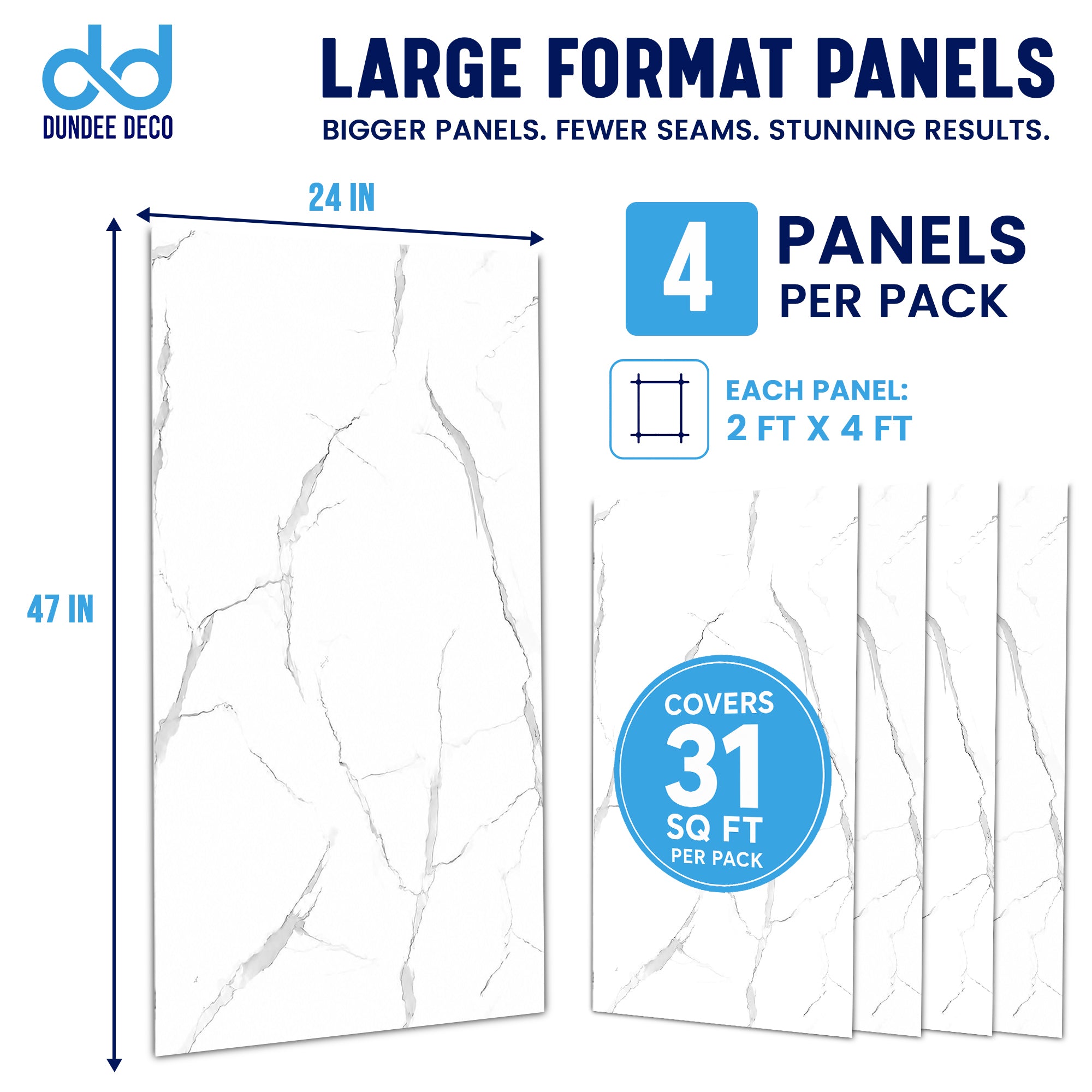 Faux Marble Wall Panels - 2 ft X 4 ft - Glossy, Waterproof Indoor Wall Cladding - White, Grey Veins