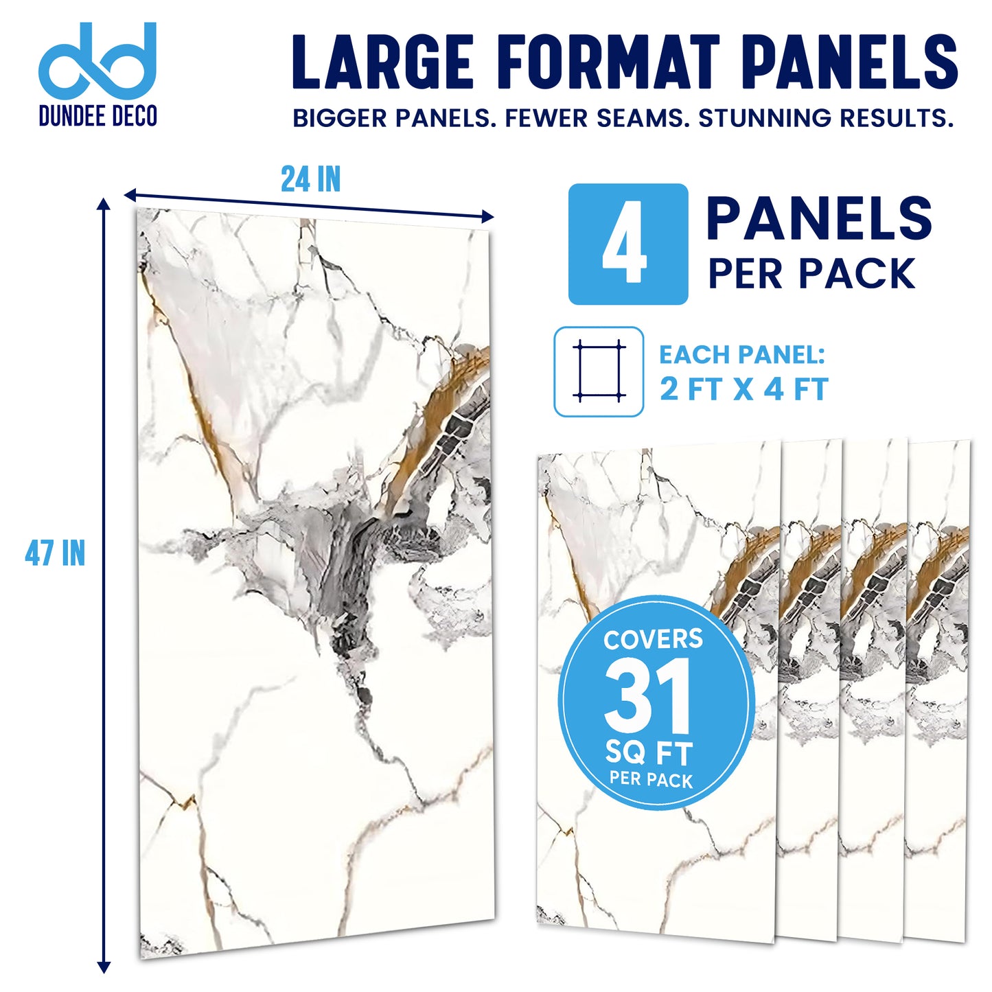 Faux Marble Wall Panels - 2 ft X 4 ft - Glossy, Waterproof Indoor Wall Cladding - White, Black, Brown Veins