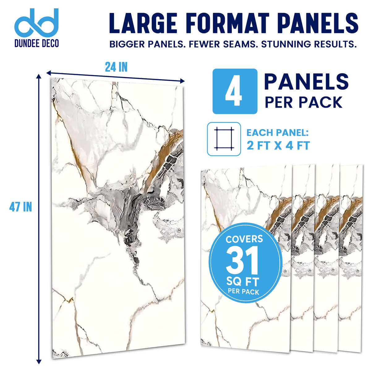 Faux Marble Wall Panels - 2 ft X 4 ft - Glossy, Waterproof Indoor Wall Cladding - White, Black, Brown Veins