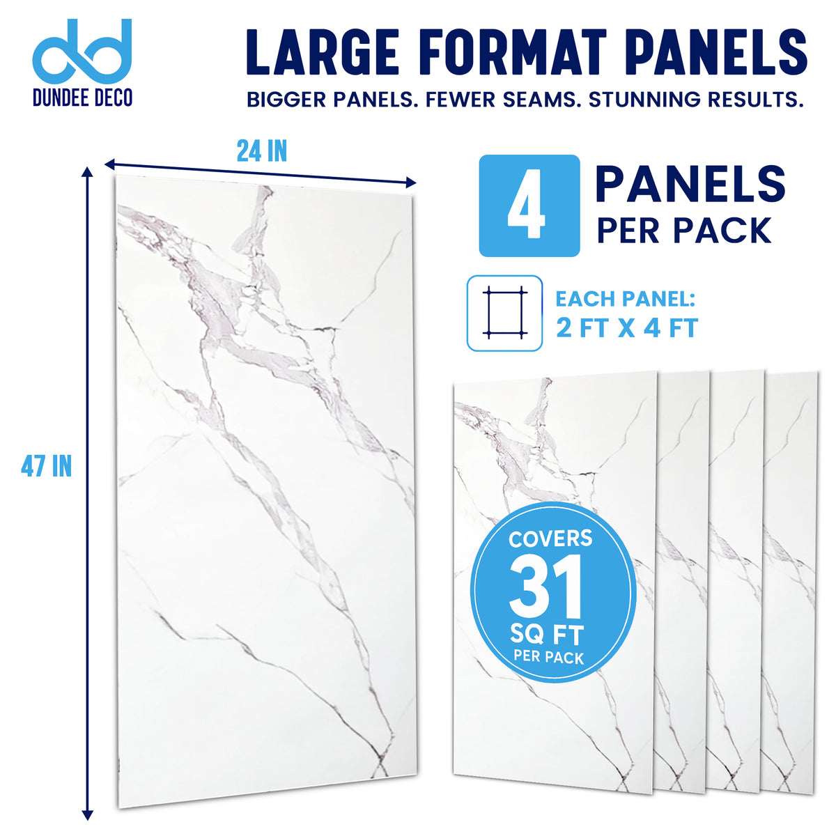 Faux Marble Wall Panels - 2 ft X 4 ft - Glossy, Waterproof Indoor Wall Cladding - White, Grey Veins