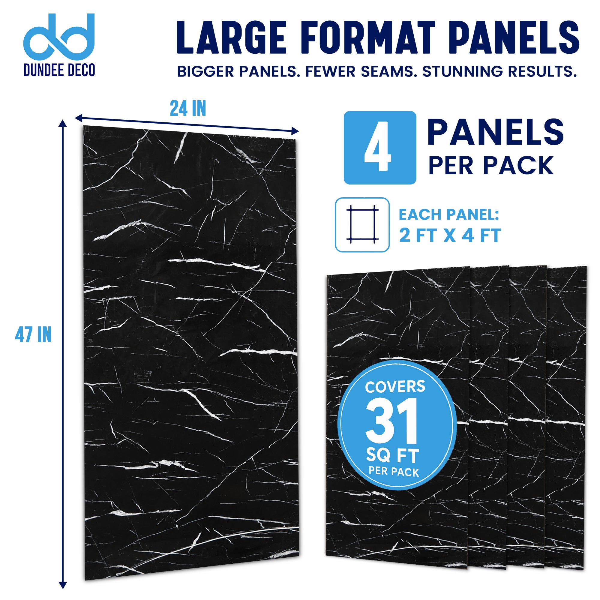 Faux Marble Wall Panels - 2 ft X 4 ft - Glossy, Waterproof Indoor Wall Cladding - Black, White Veins