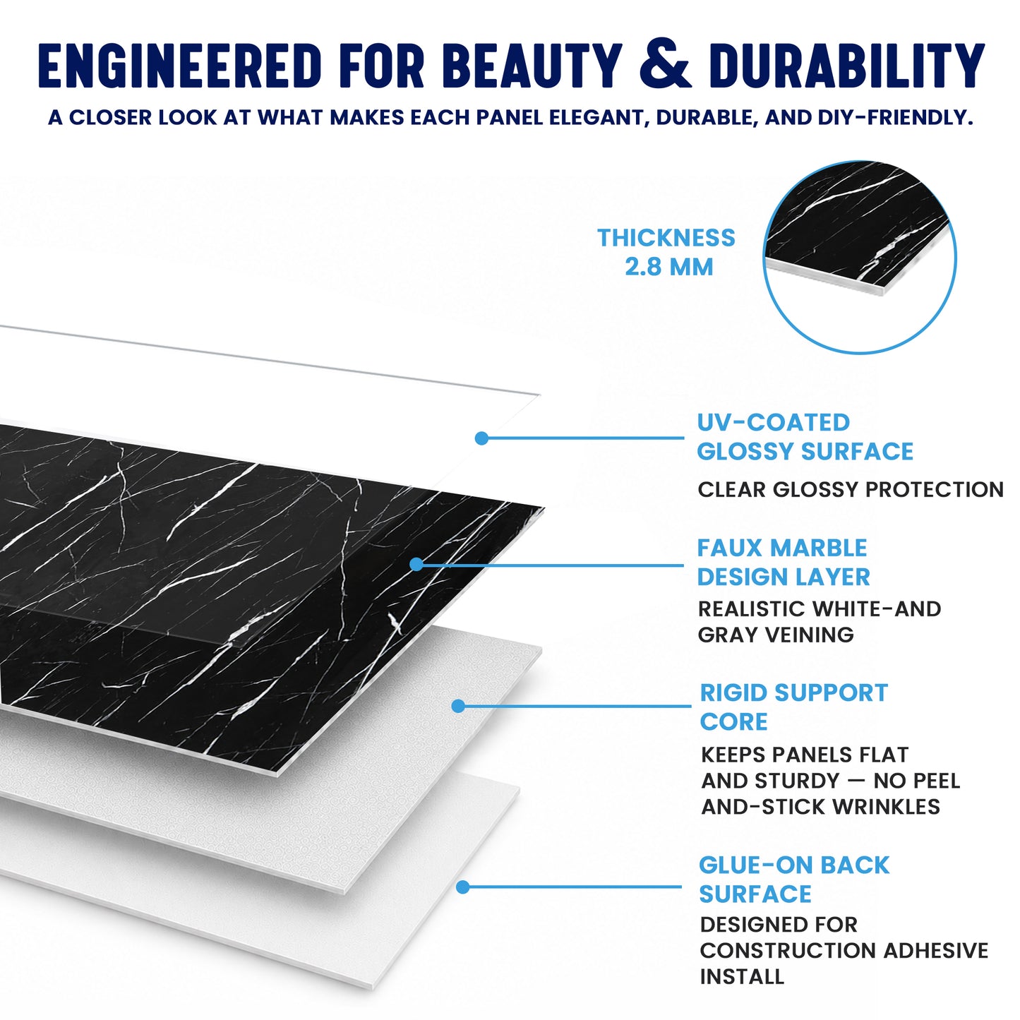 Faux Marble Wall Panels - 2 ft X 4 ft - Glossy, Waterproof Indoor Wall Cladding - Black, White Veins