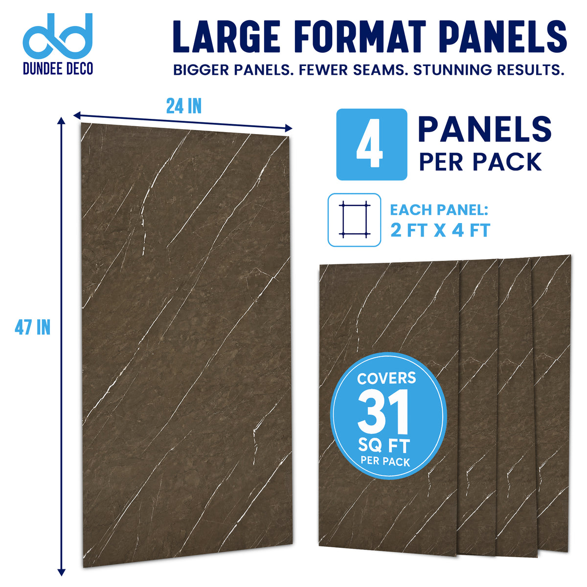 Faux Marble Wall Panels - 2 ft X 4 ft - Glossy, Waterproof Indoor Wall Cladding - Chocolate Brown, White Veins