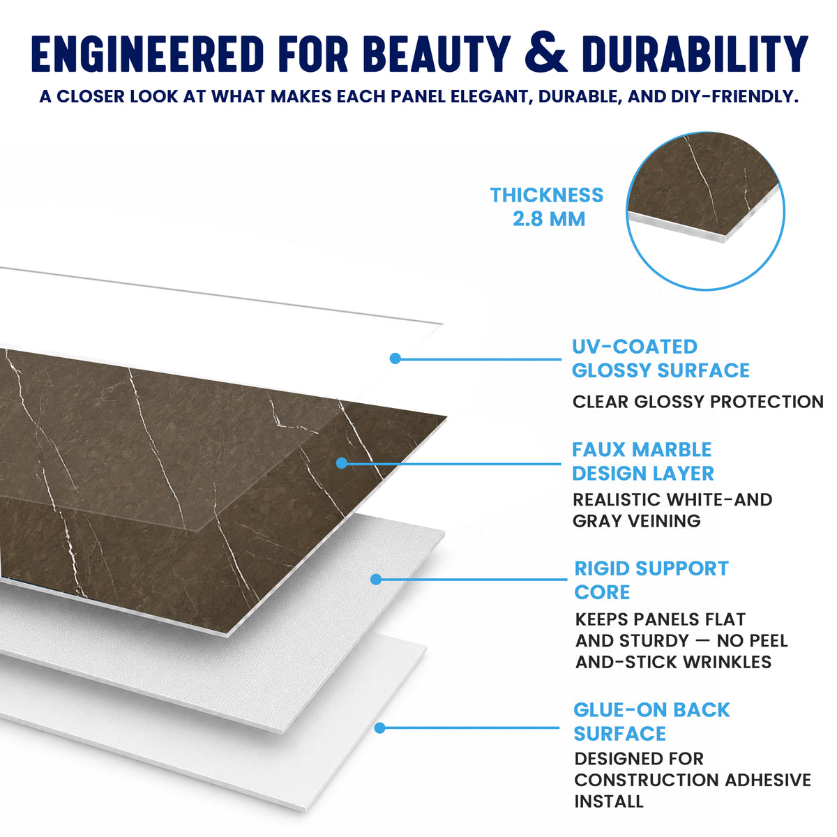 Faux Marble Wall Panels - 2 ft X 4 ft - Glossy, Waterproof Indoor Wall Cladding - Chocolate Brown, White Veins