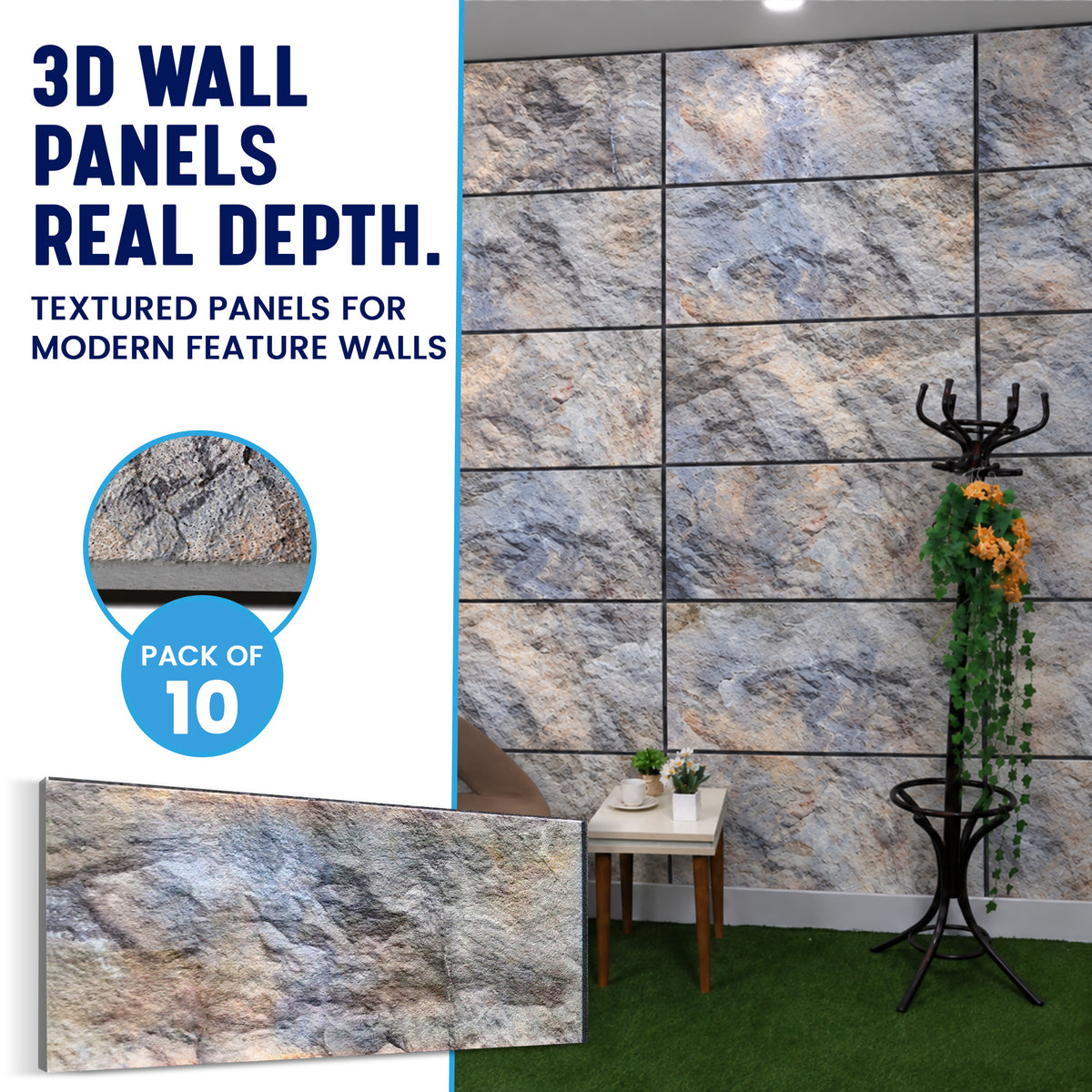 3D Faux Stone Wall Panels, Blue & Brown, Styrofoam