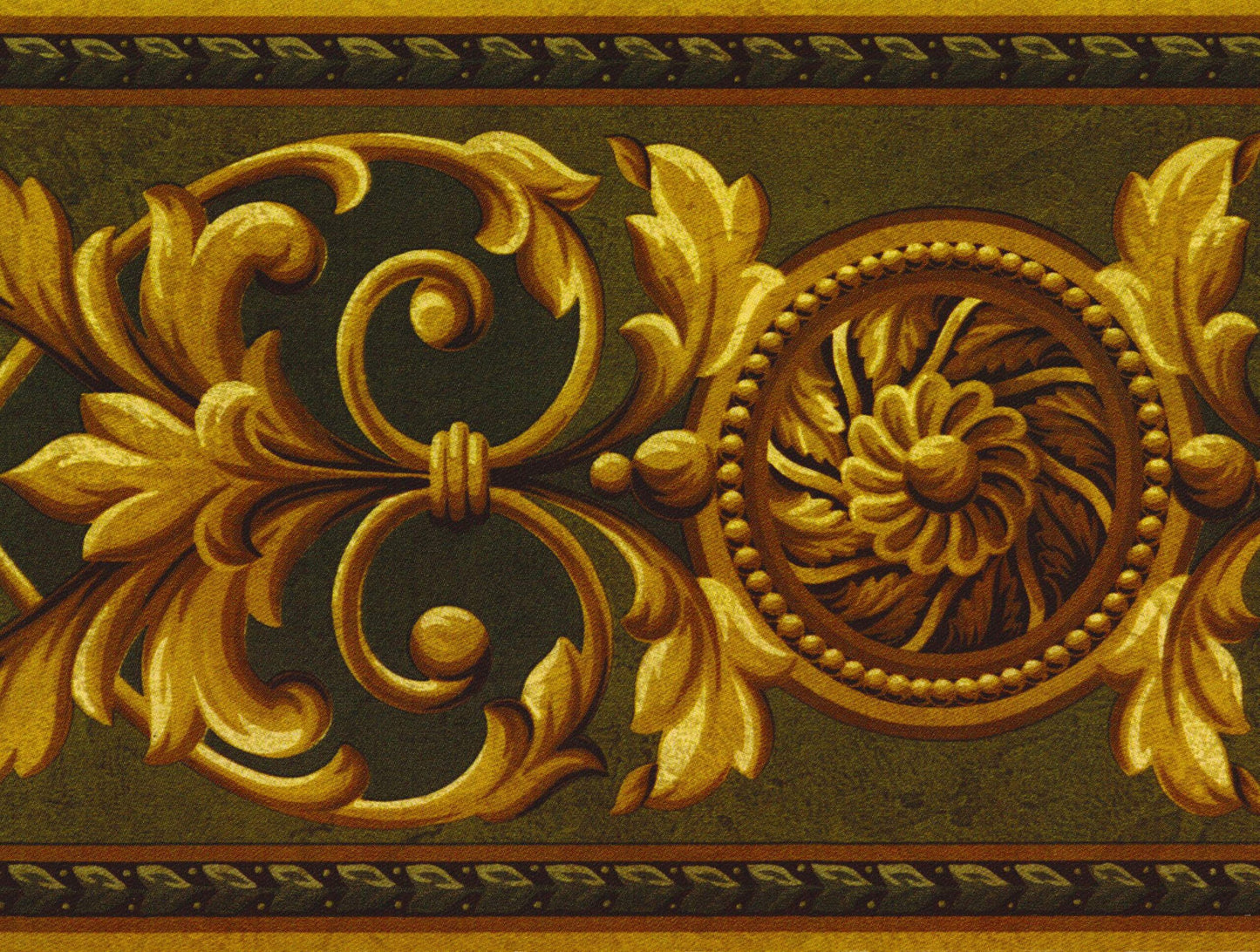 Prepasted Wallpaper Border - Victorian Gold, Brown, Green Damask Wall Border Retro Design, 15 ft x 8 in (4.57m x 20.32cm)