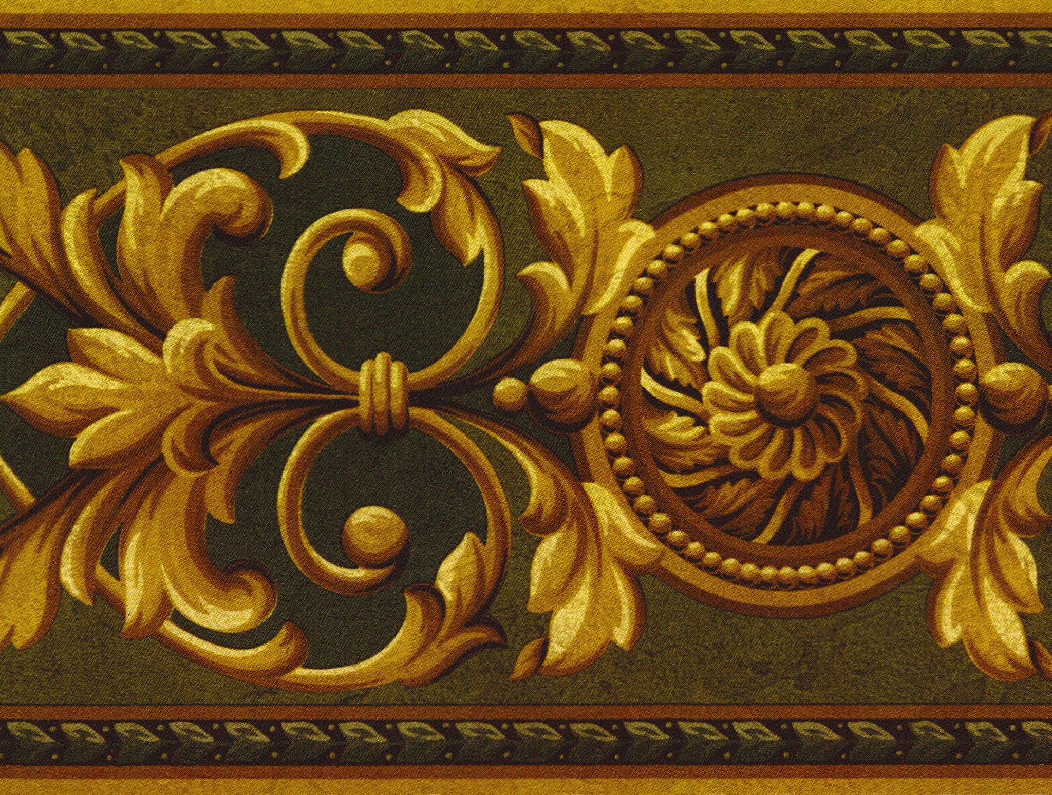 Prepasted Wallpaper Border - Victorian Gold, Brown, Green Damask Wall Border Retro Design, 15 ft x 8 in (4.57m x 20.32cm)