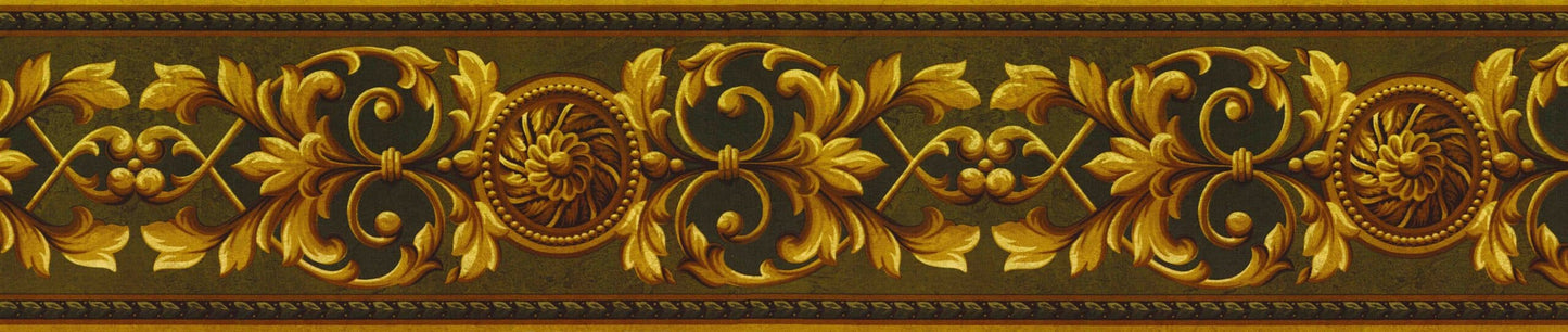 Prepasted Wallpaper Border - Victorian Gold, Brown, Green Damask Wall Border Retro Design, 15 ft x 8 in (4.57m x 20.32cm)